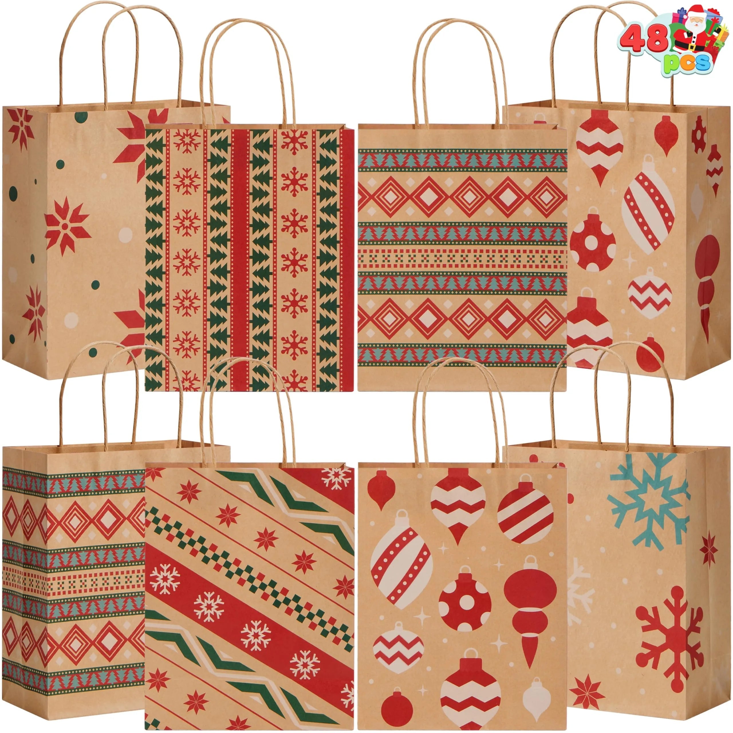 48 Kraft Christmas Gift Bags 7x9x3.5 Inches for Holiday Gifts and Party Supplies