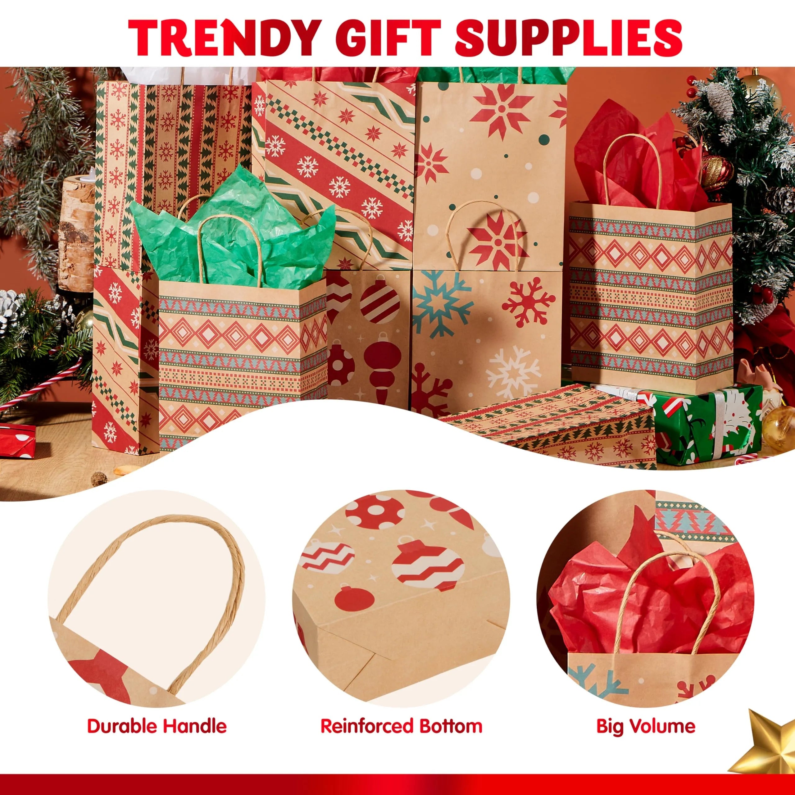 48 Kraft Christmas Gift Bags 7x9x3.5 Inches for Holiday Gifts and Party Supplies