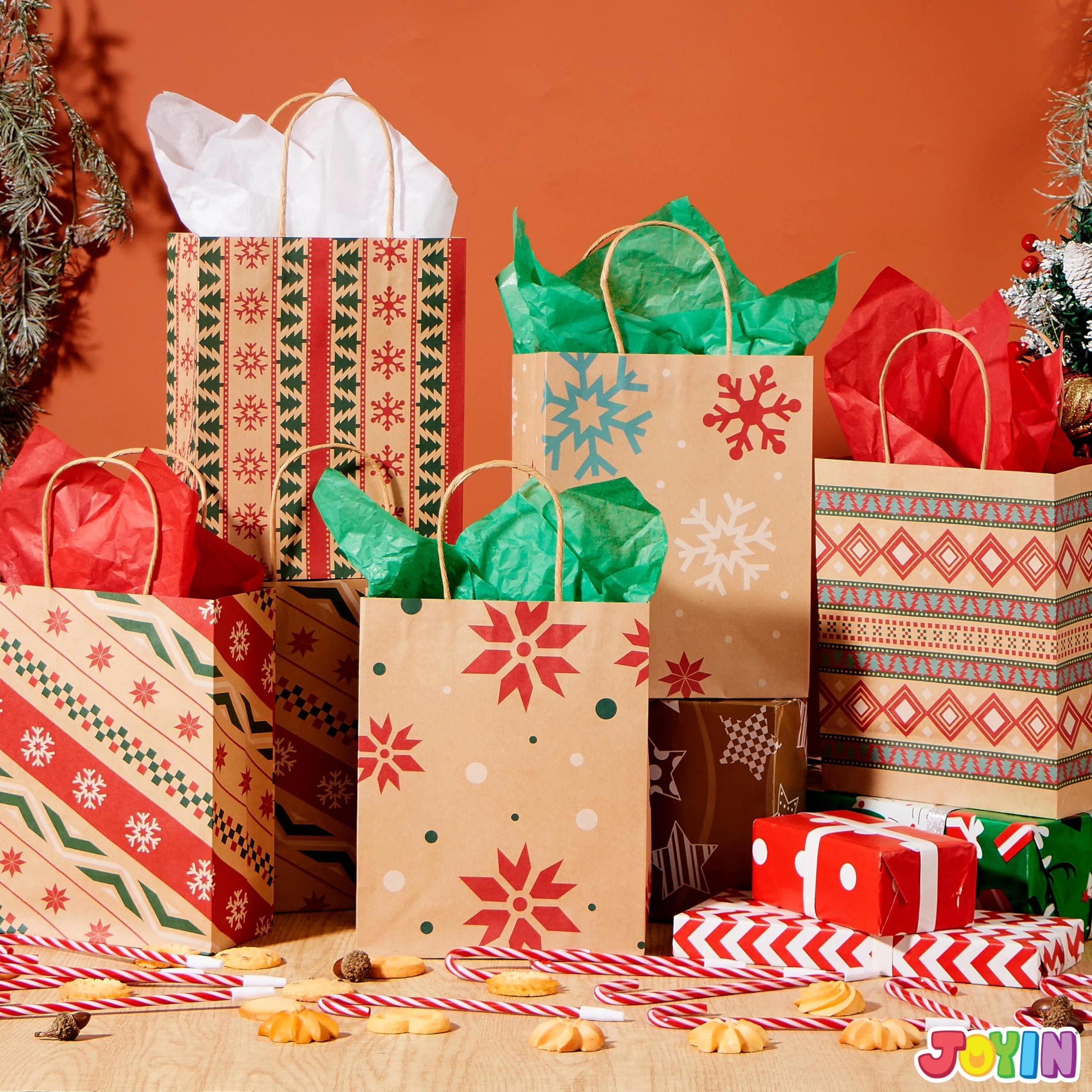48 Kraft Christmas Gift Bags 7x9x3.5 Inches for Holiday Gifts and Party Supplies