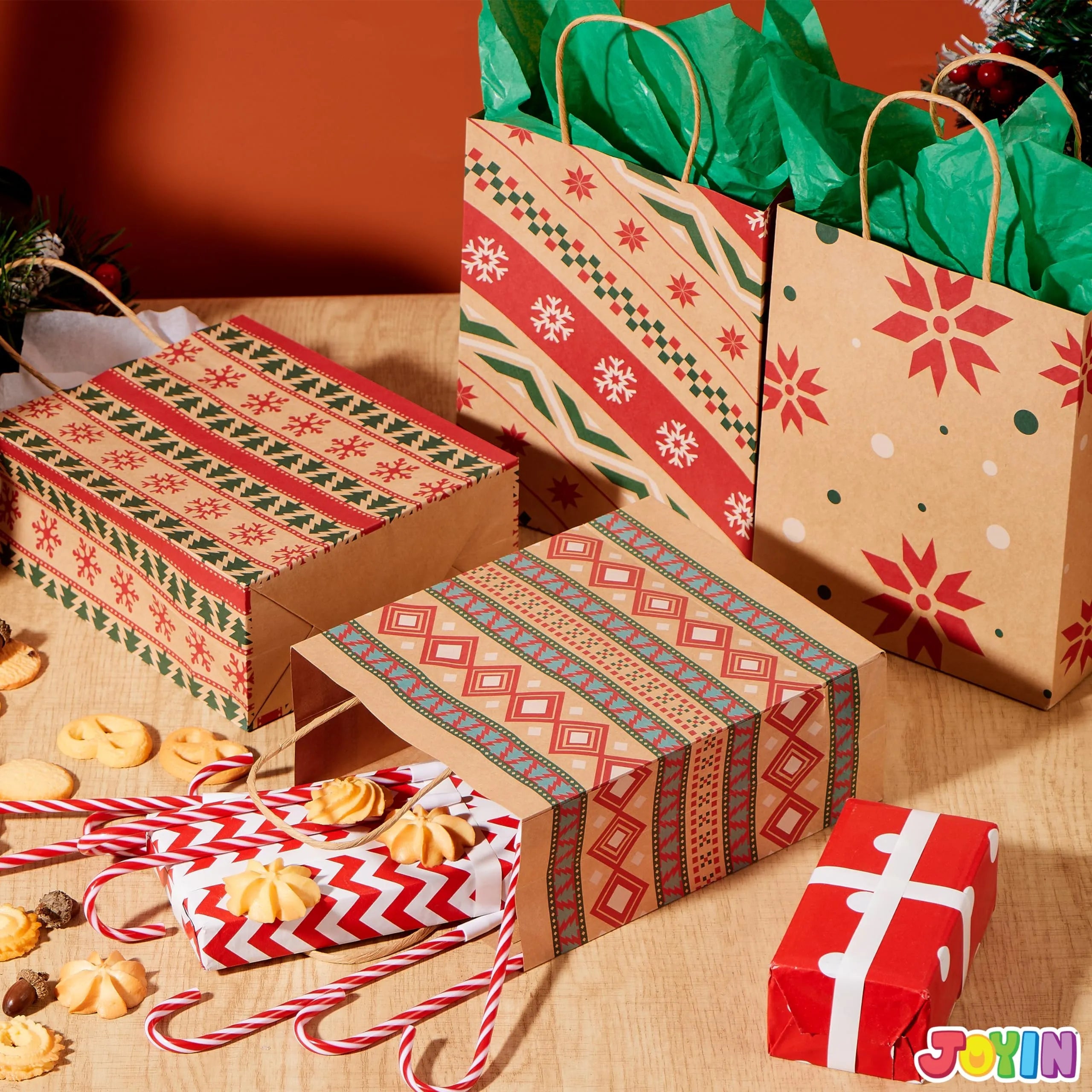 48 Kraft Christmas Gift Bags 7x9x3.5 Inches for Holiday Gifts and Party Supplies