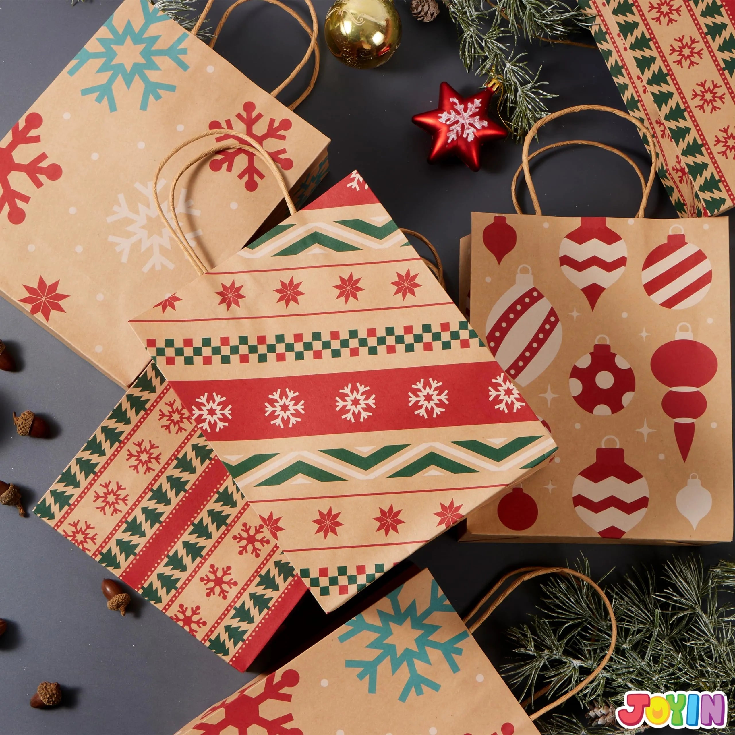 48 Kraft Christmas Gift Bags 7x9x3.5 Inches for Holiday Gifts and Party Supplies
