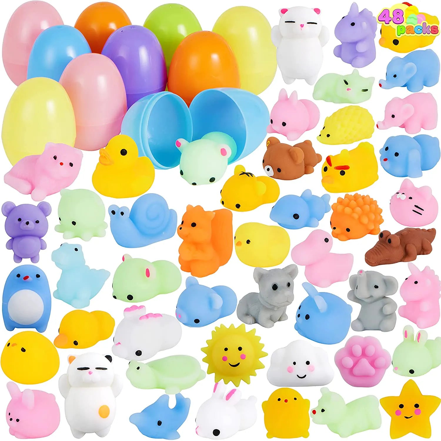 48 Pre-Filled Easter Eggs (2.3 Inches) with Mochi Squishy Toys for Easter Egg Hunt
