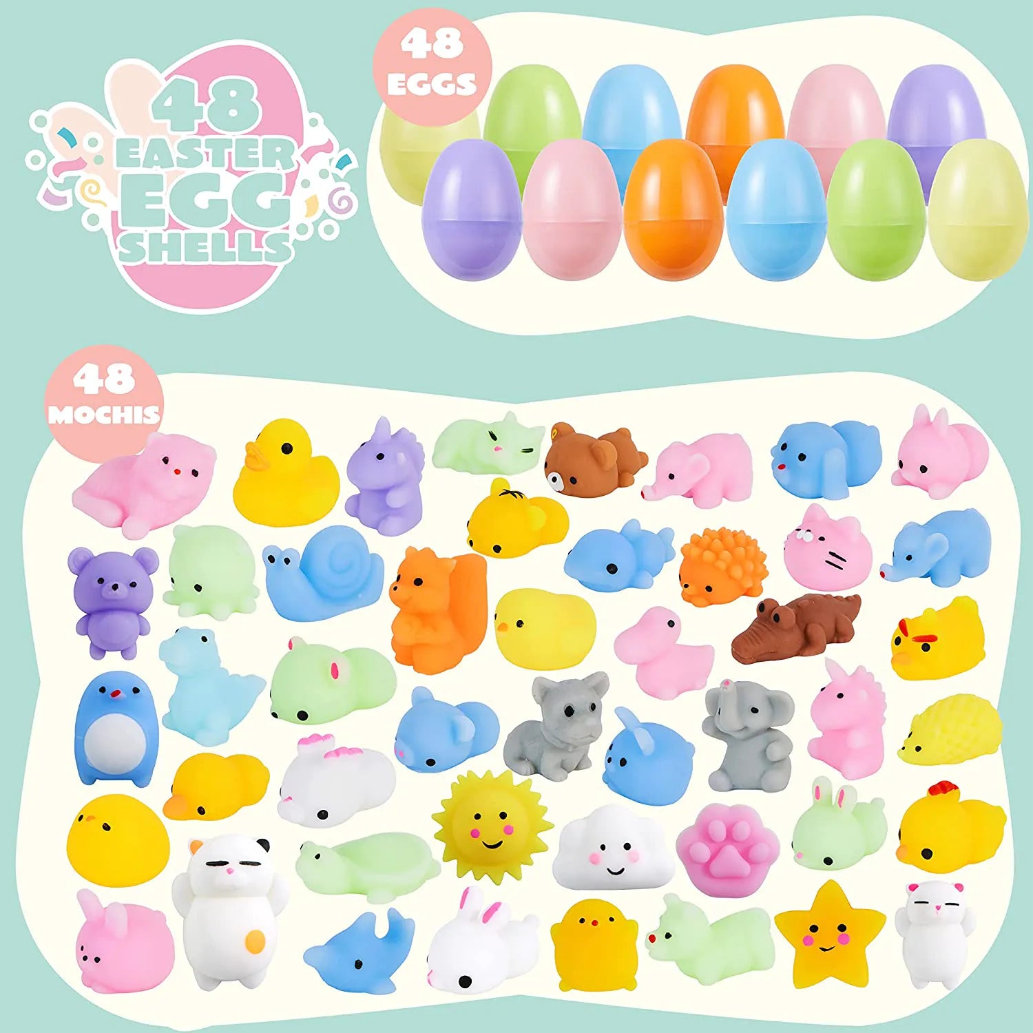 48 Pre-Filled Easter Eggs (2.3 Inches) with Mochi Squishy Toys for Easter Egg Hunt