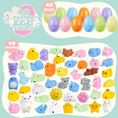48 Pre-Filled Easter Eggs (2.3 Inches) with Mochi Squishy Toys for Easter Egg Hunt