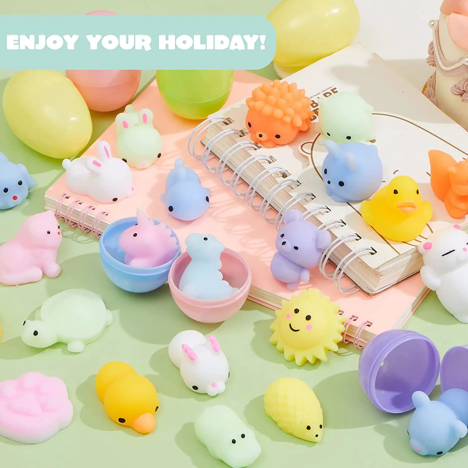 48 Pre-Filled Easter Eggs (2.3 Inches) with Mochi Squishy Toys for Easter Egg Hunt