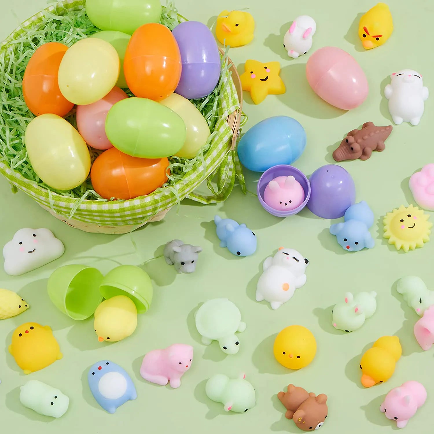 48 Pre-Filled Easter Eggs (2.3 Inches) with Mochi Squishy Toys for Easter Egg Hunt