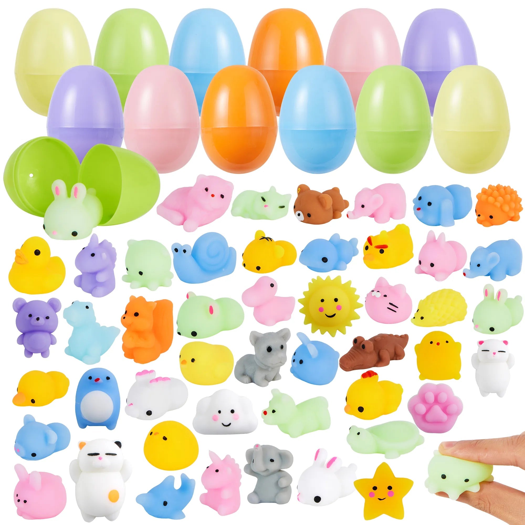 48 Pre-Filled Easter Eggs (2.3 Inches) with Mochi Squishy Toys for Easter Egg Hunt