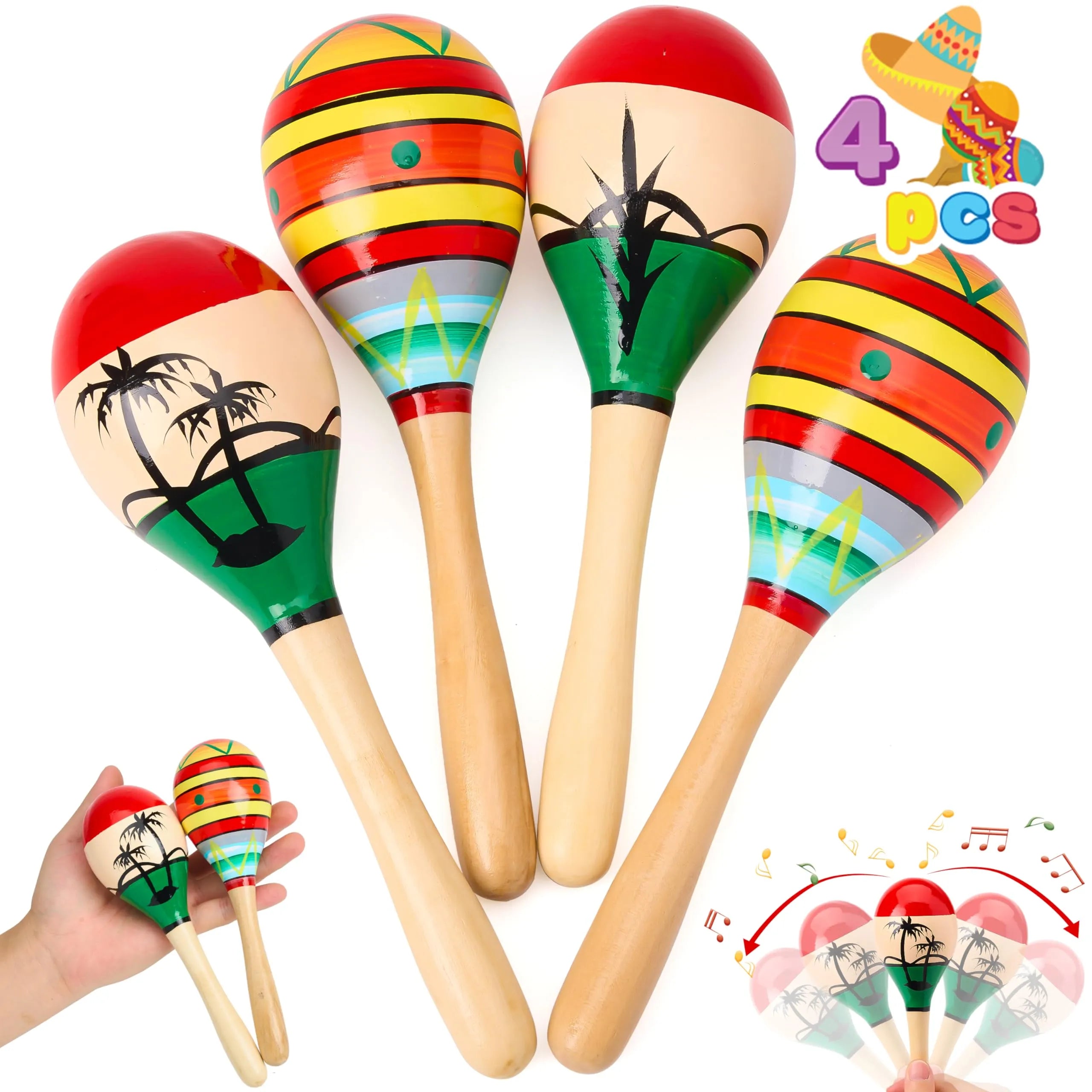 4 Pack Cinco de Mayo Wooden Maracas for Kids