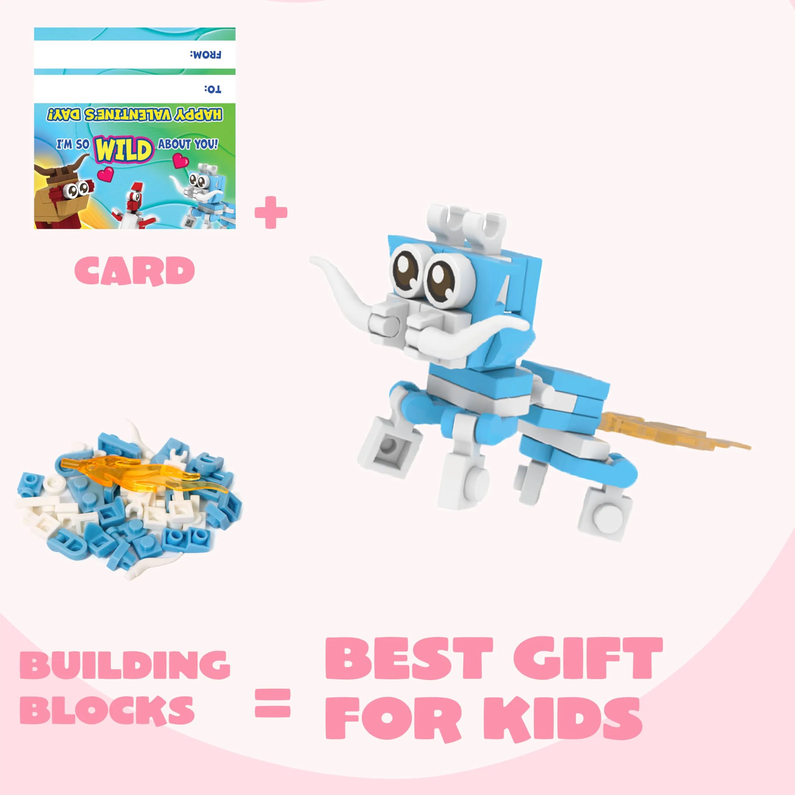 24 Pack Valentine's Day Cards with Animal Building Blocks - Party Favor Toys