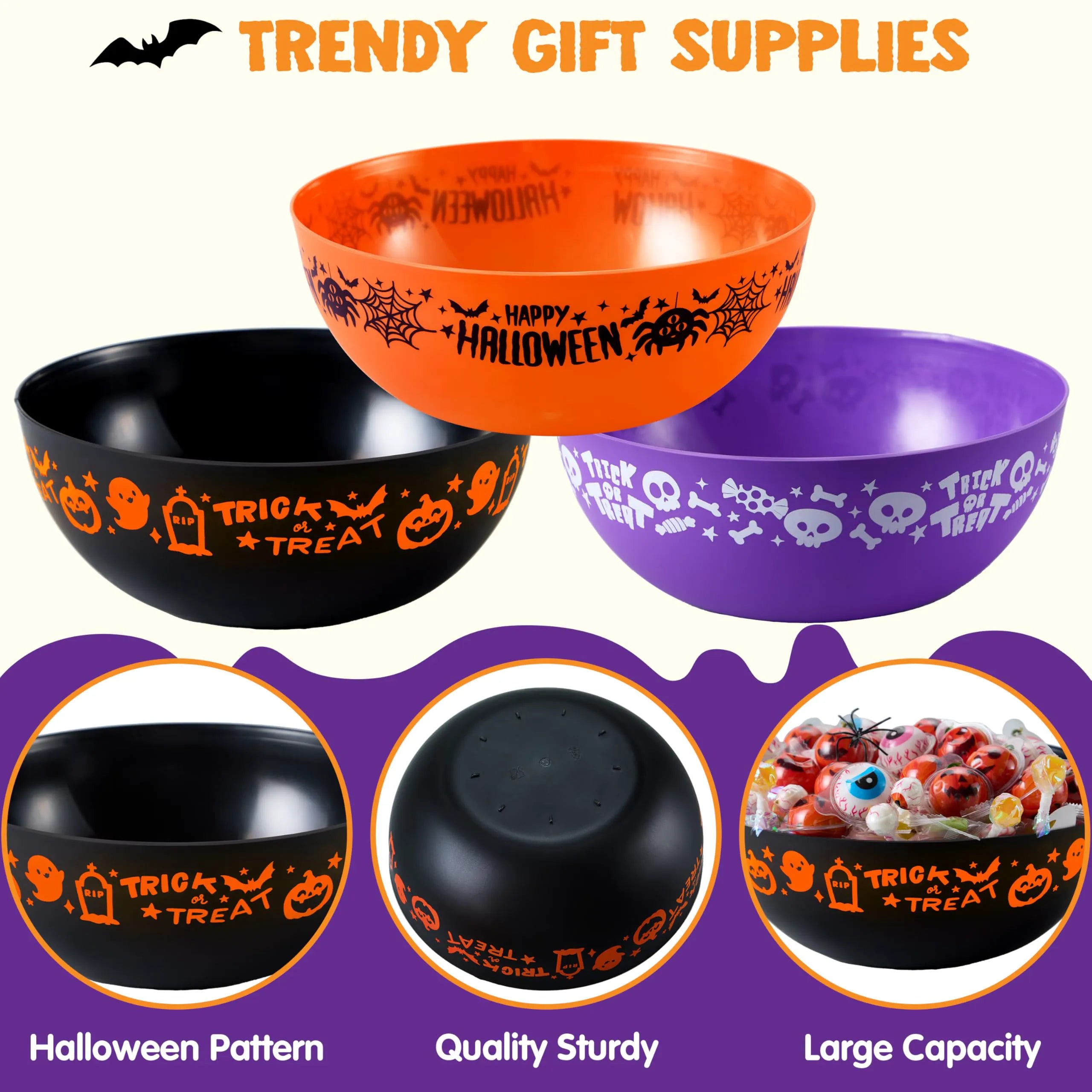 3-Pack Halloween Candy Bowls, 9.6" x 4.4" Trick-or-Treat Bowls