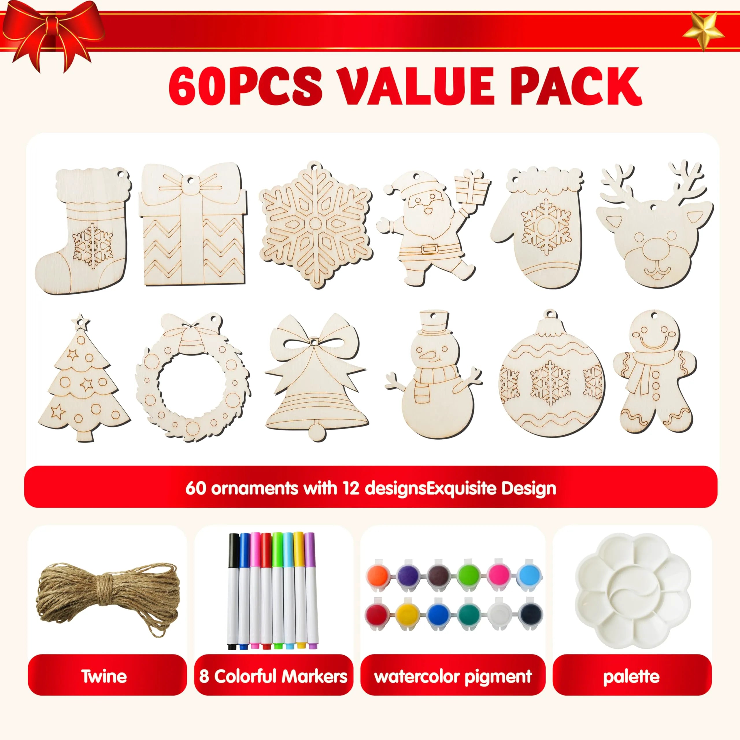 60-Piece Christmas Wooden Hanging Ornaments Craft Kit