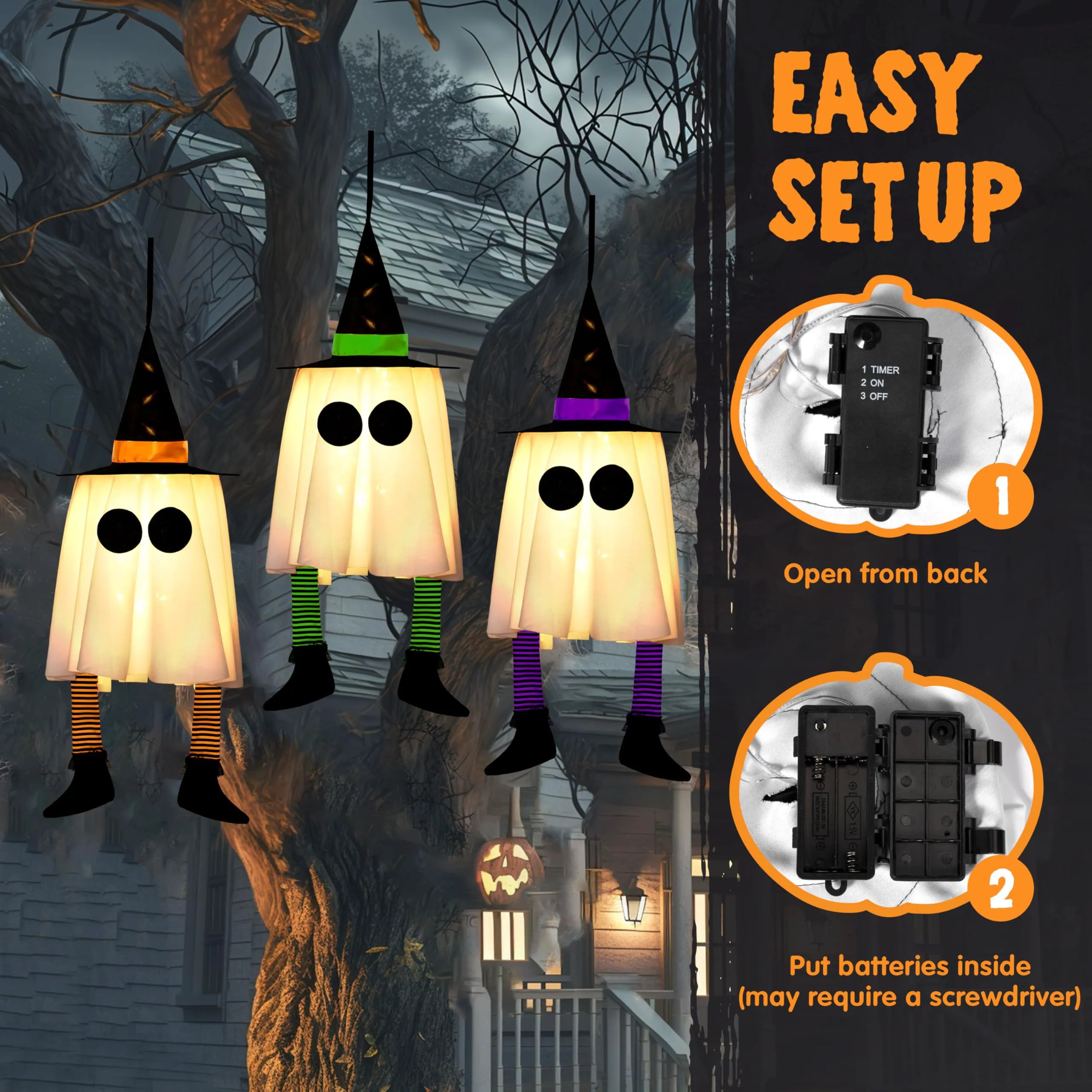 23.6" 3PCS Halloween Hanging Ghost Decorations for Outdoor Use