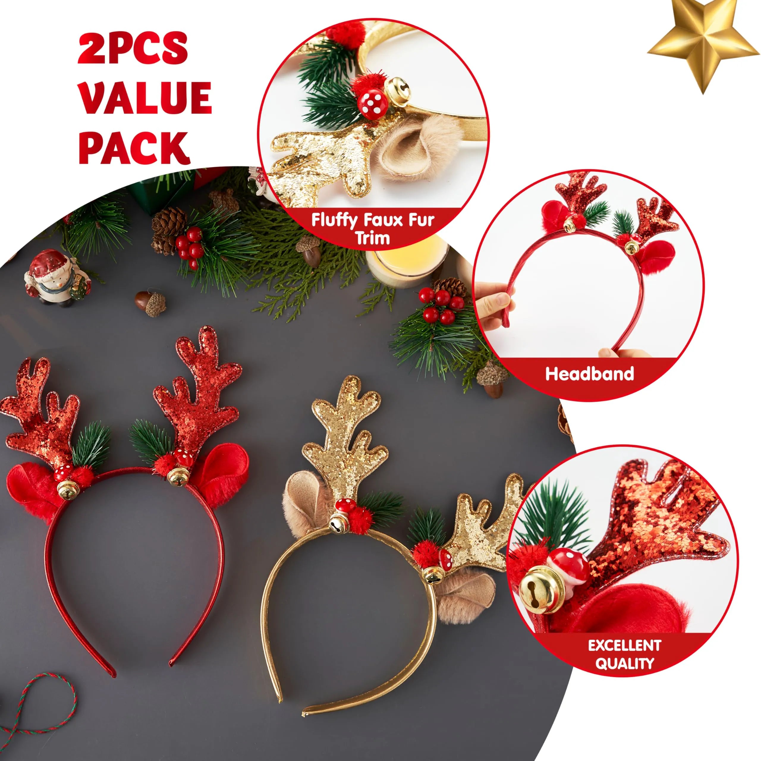 2 Pcs Golden & Red Reindeer Headbands with Glitter
