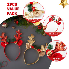 2 Pcs Golden & Red Reindeer Headbands with Glitter