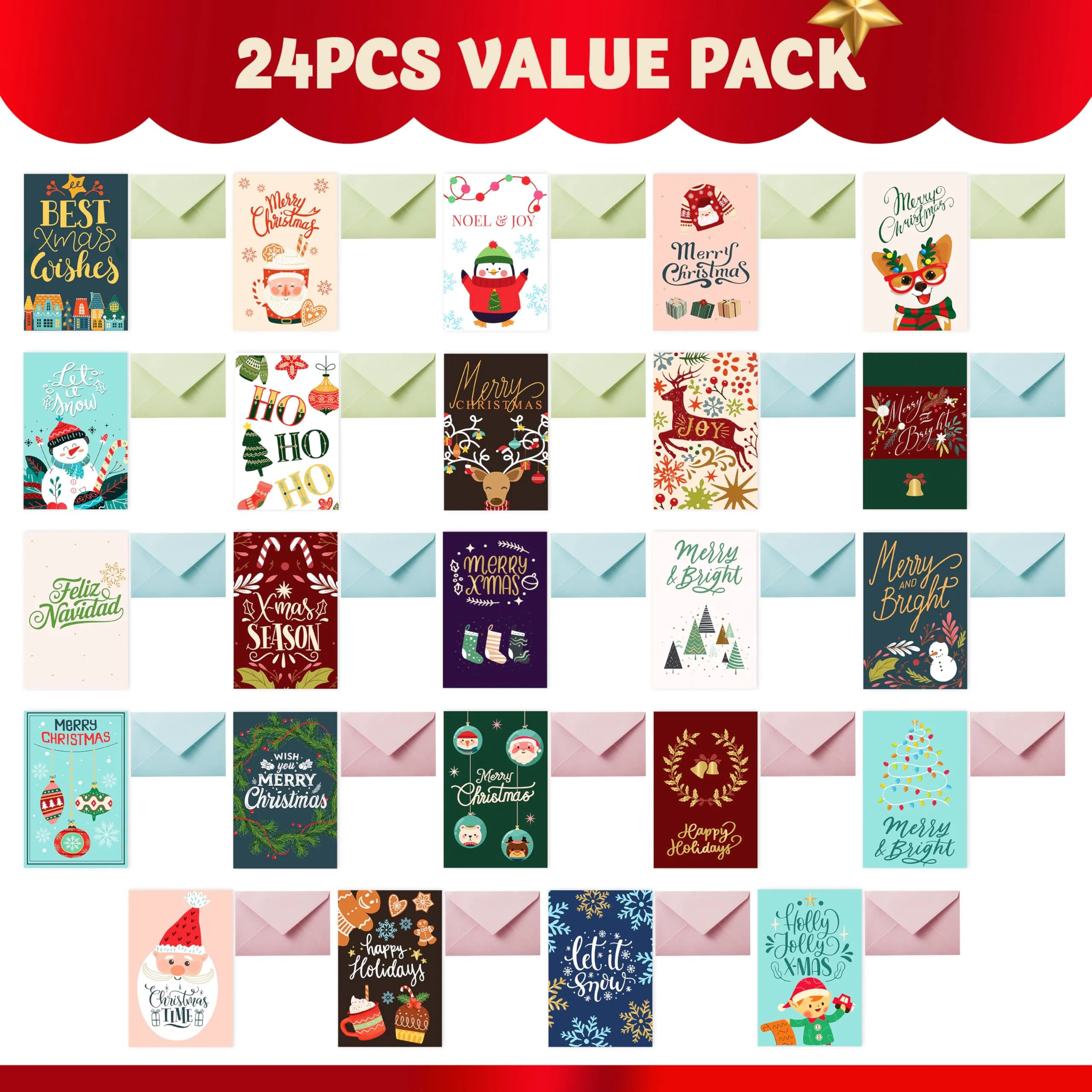 24 Pack Christmas Cards with Envelopes and Stickers
