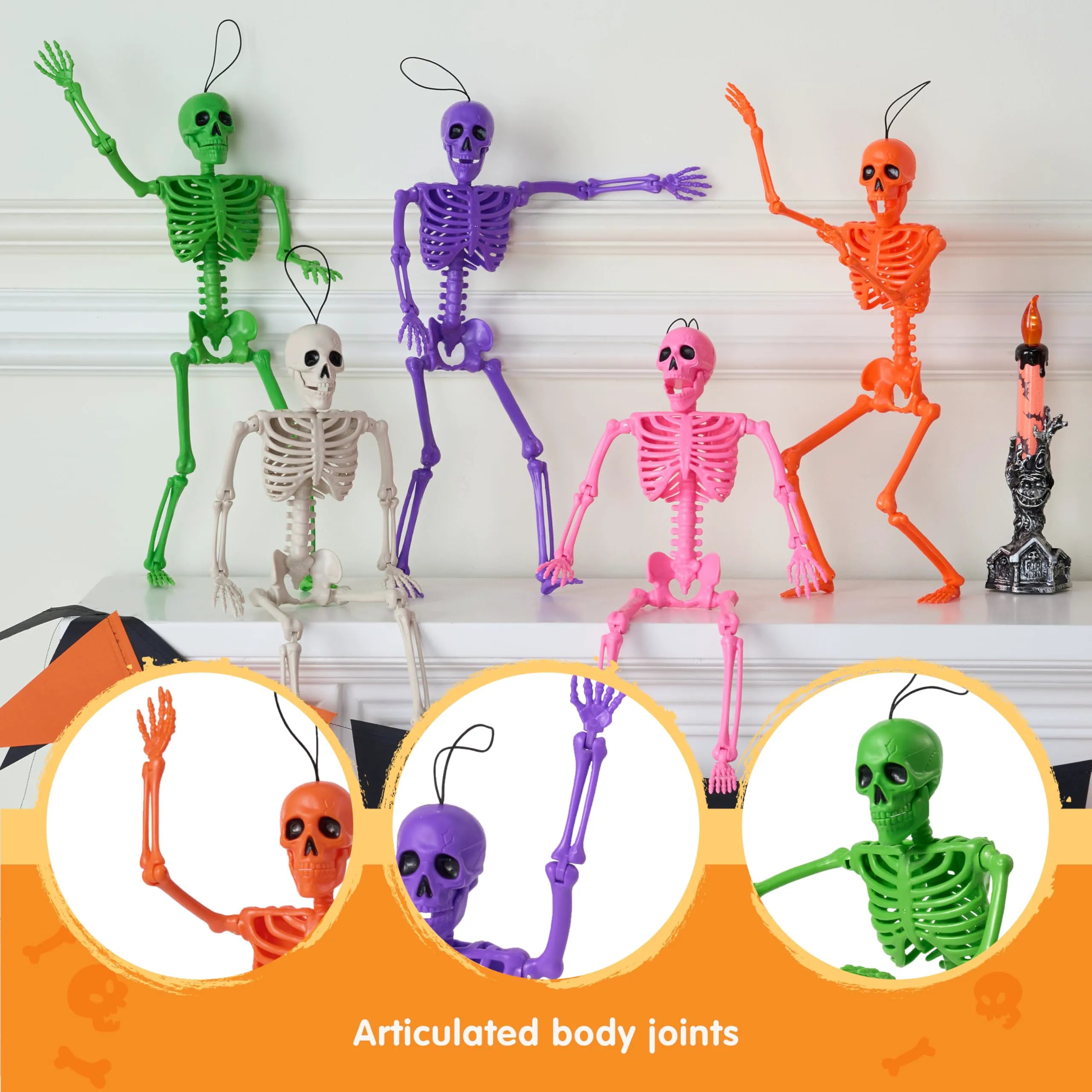5 Pack Posable Halloween Skeleton Decorations, 16 Inches Each