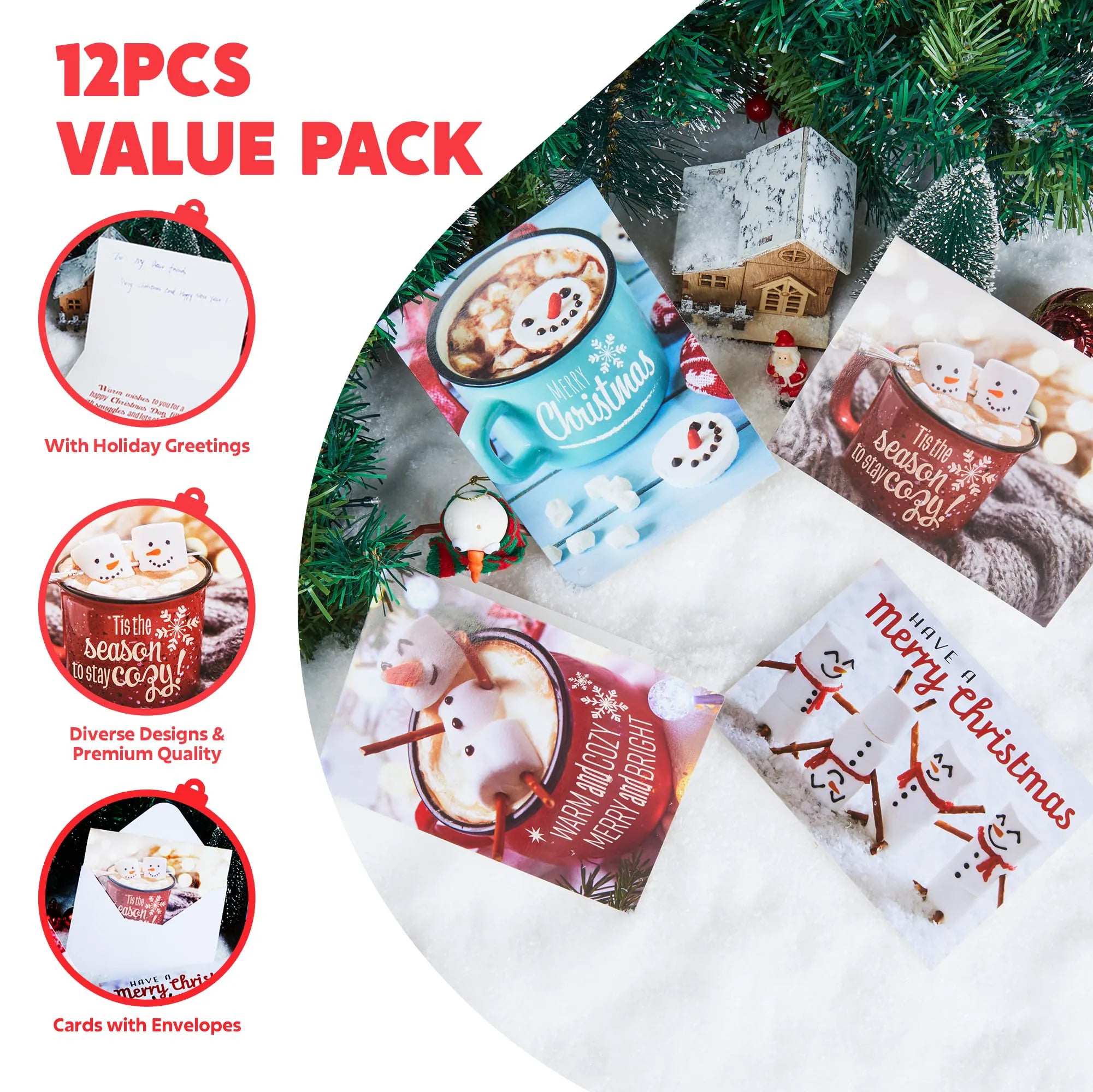 12 Pack Christmas Greeting Cards with Envelopes