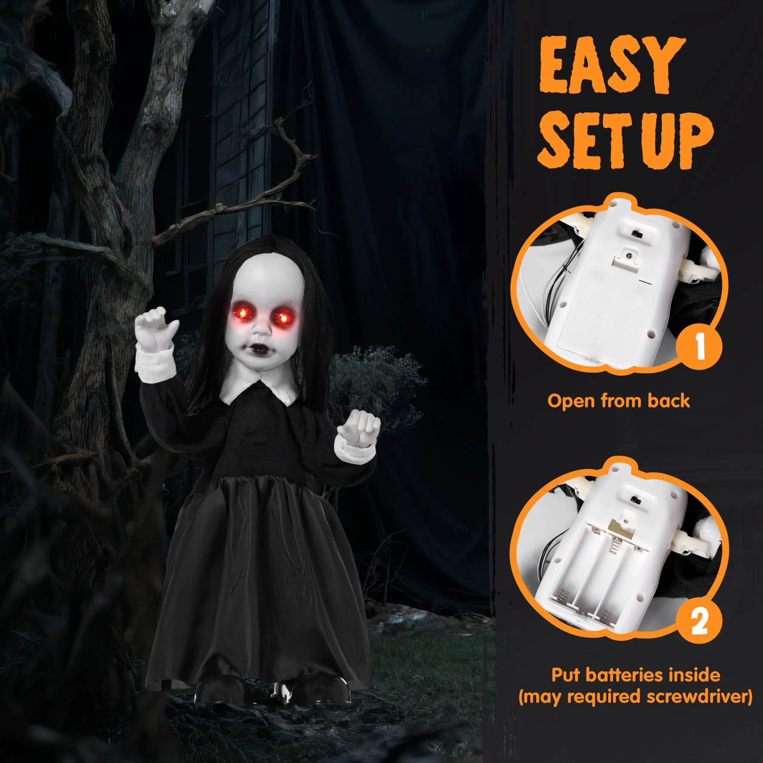 34-Inch Black Zombie Girl Ghost Animatronic Halloween Decoration