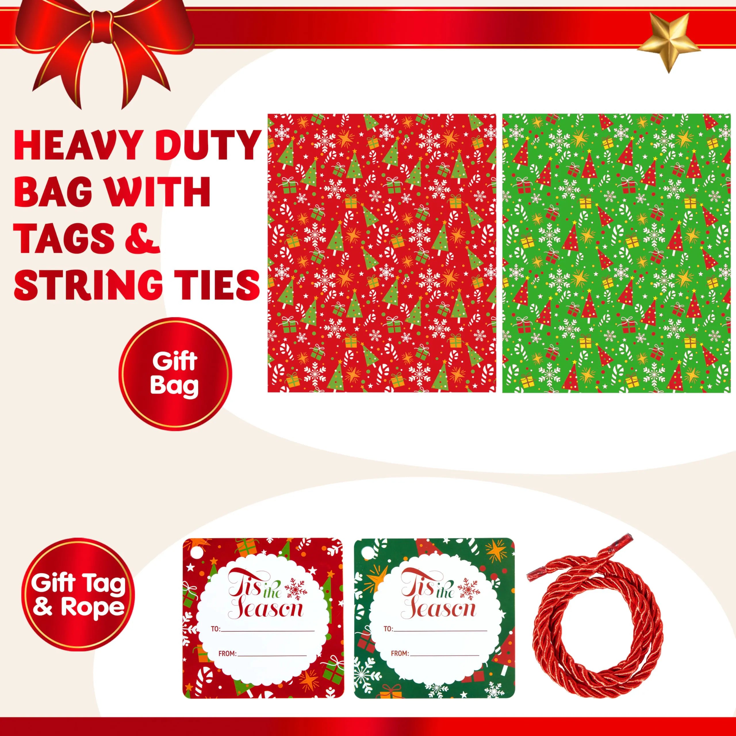 2-Pack Large Red & Green Christmas Holiday Plastic Gift Bags