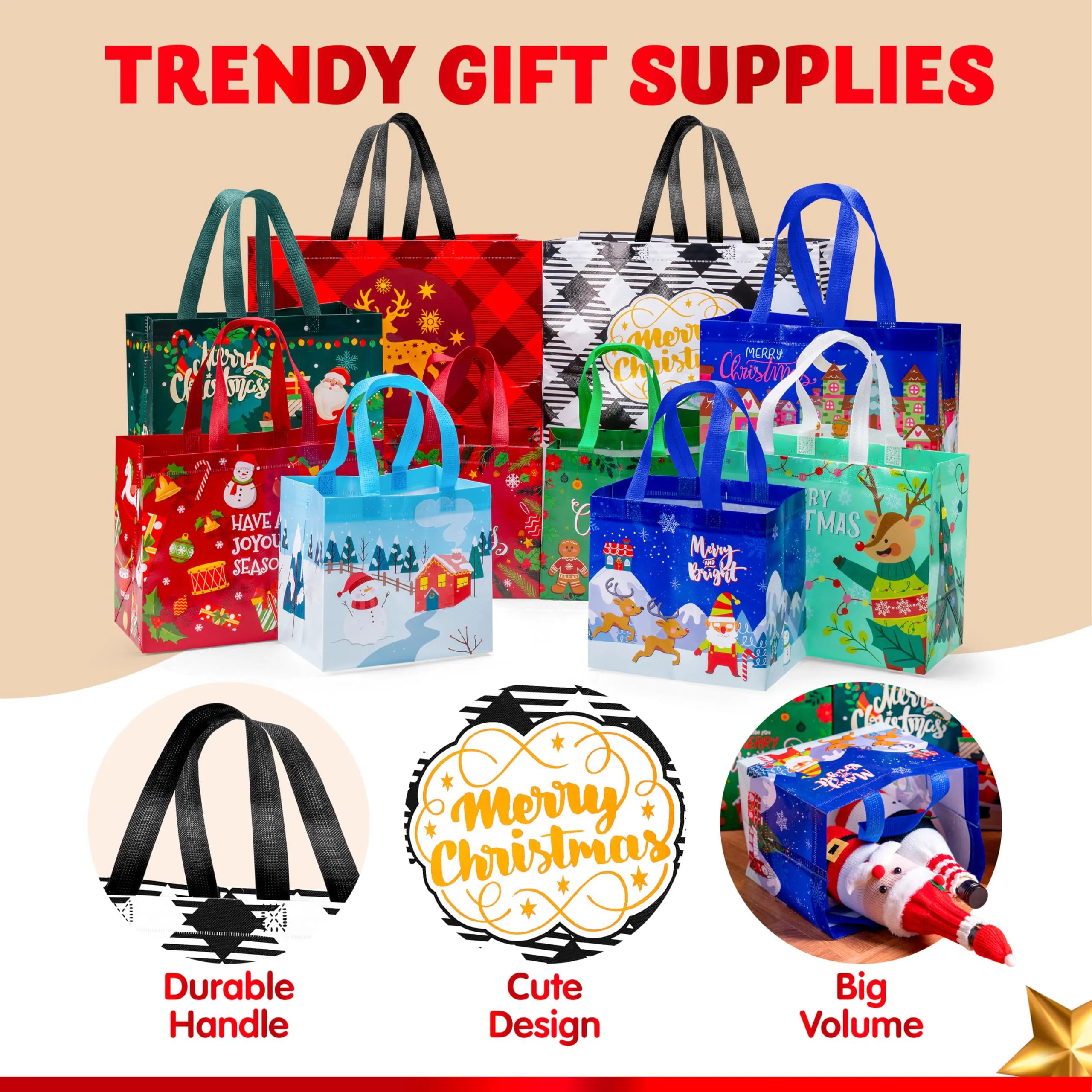 20 PCS Christmas Reusable Gift Bags, Assorted Sizes with Handles