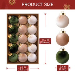 15 Pcs Christmas Velvet Ball Ornaments Set, 2.36" Green Brown Neutral