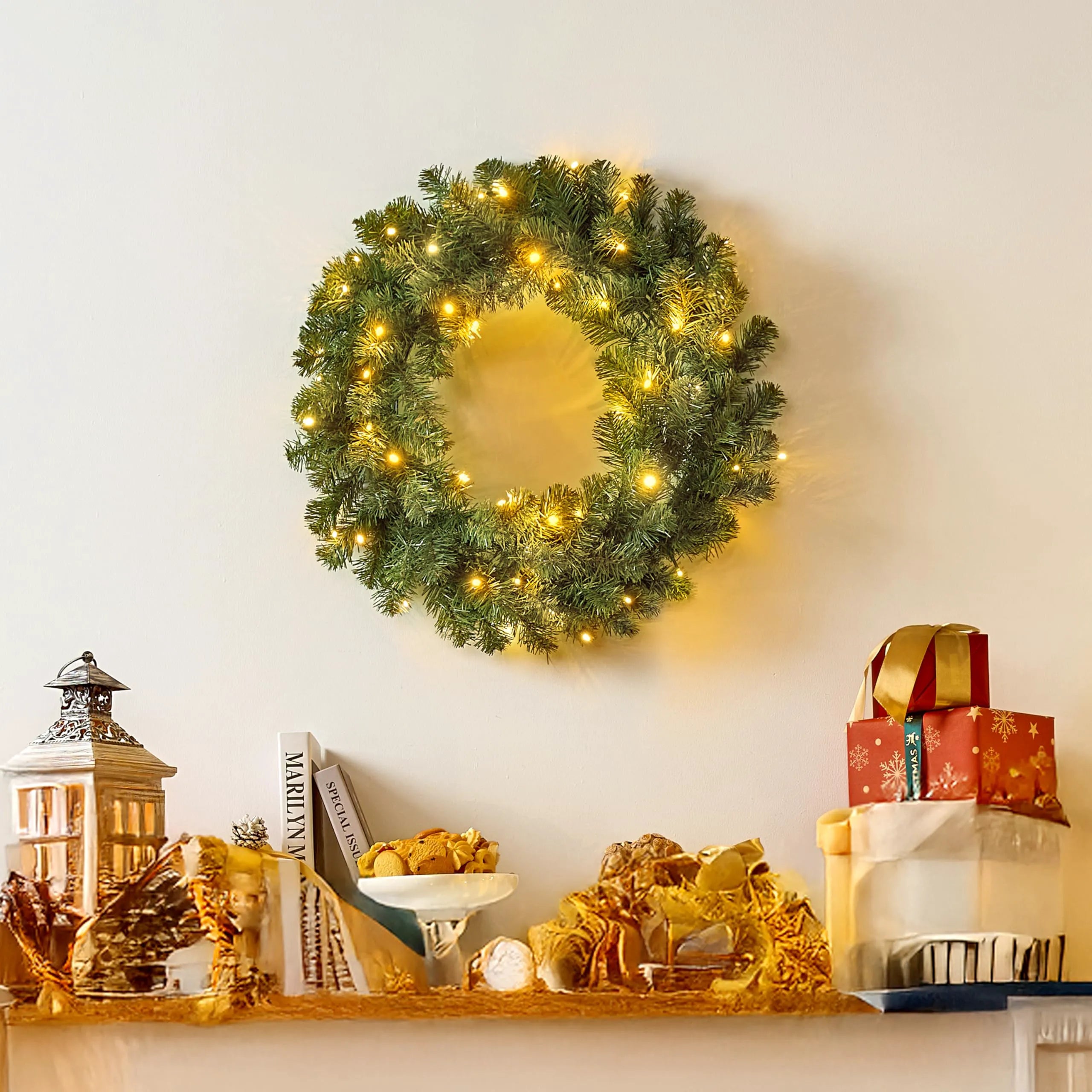 24-Inch Pre-Lit Christmas Wreath with Warm Lights