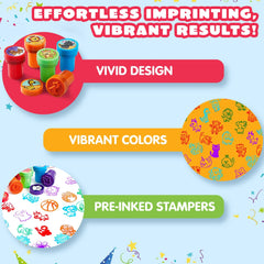 50-Pack Assorted Self-Ink Stamps for Kids with 50 Unique Designs