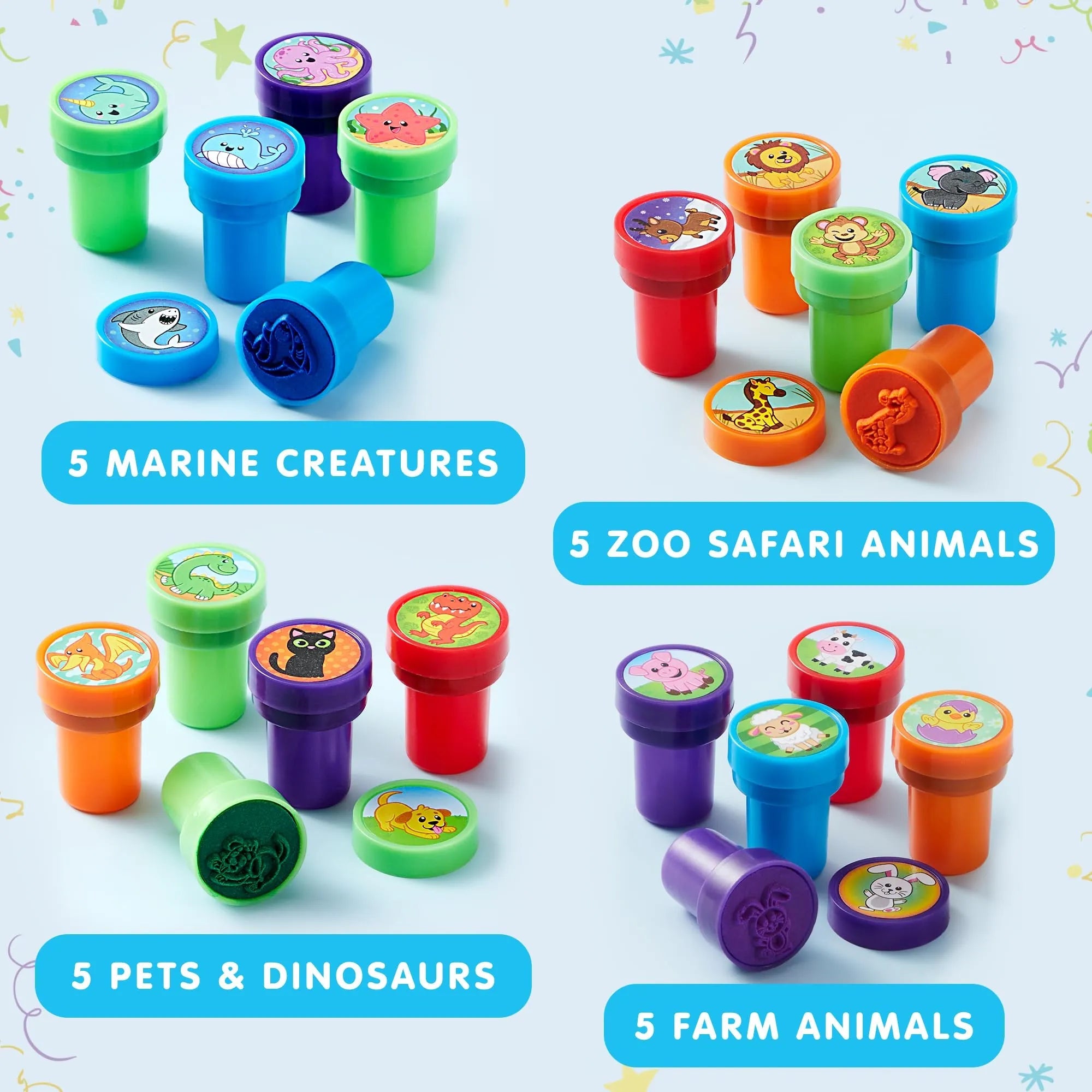 50-Pack Assorted Self-Ink Stamps for Kids with 50 Unique Designs