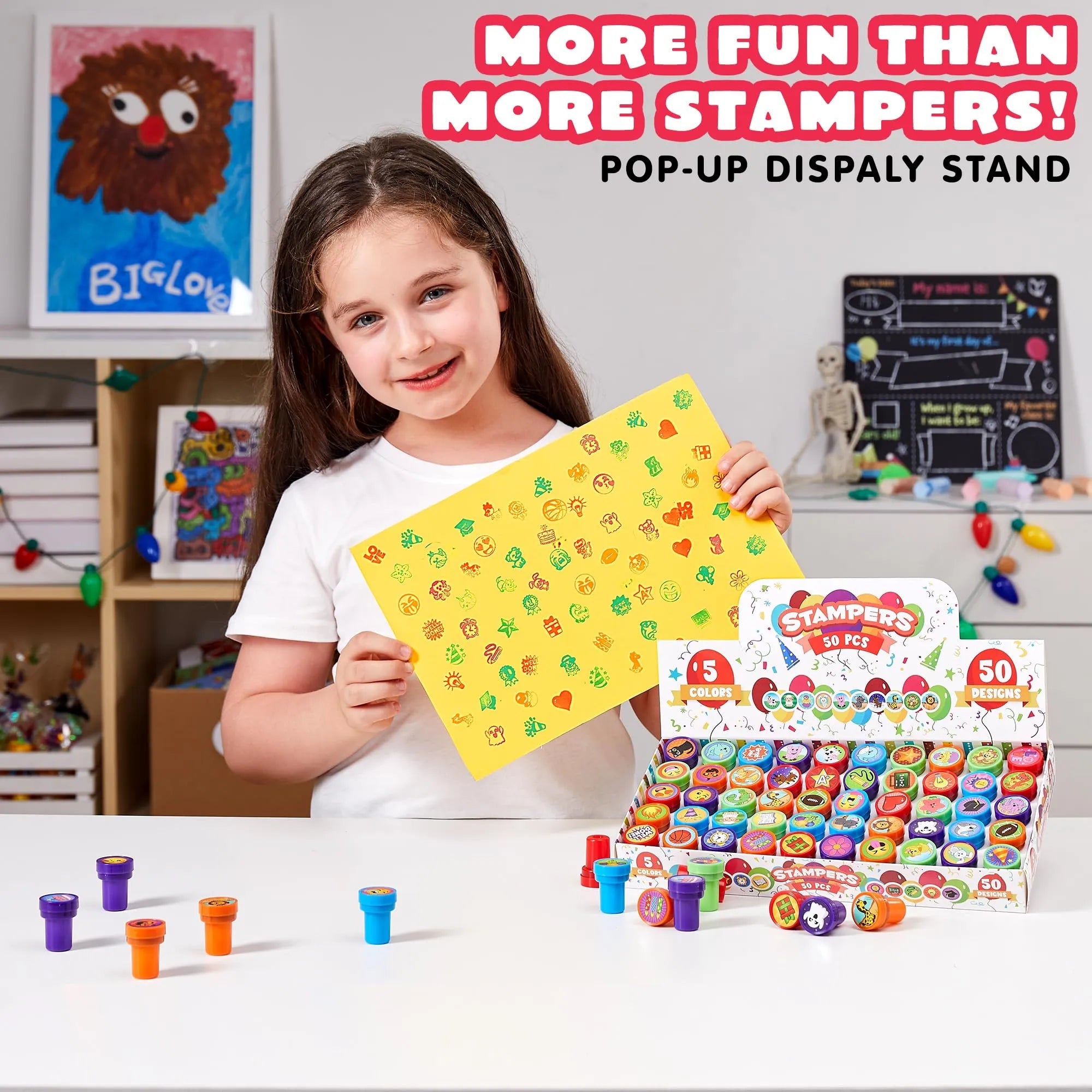 50-Pack Assorted Self-Ink Stamps for Kids with 50 Unique Designs