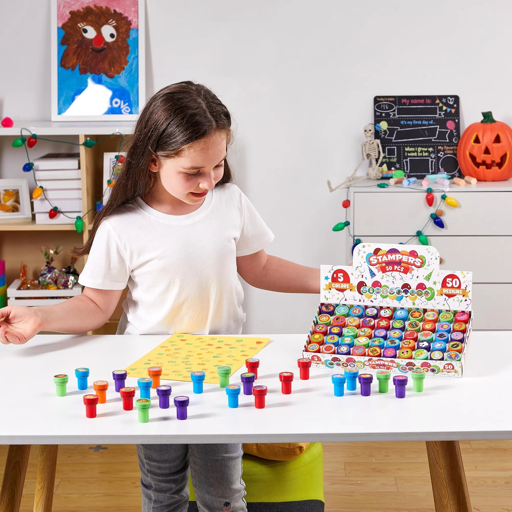 50-Pack Assorted Self-Ink Stamps for Kids with 50 Unique Designs