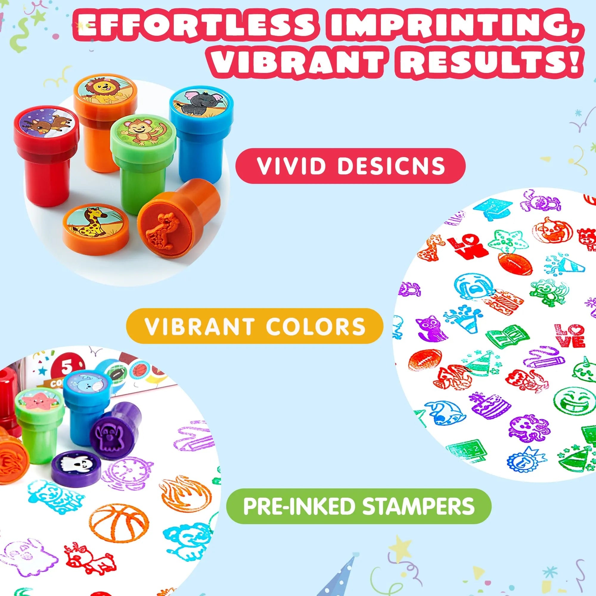 50-Pack Assorted Self-Ink Stamps for Kids with 50 Unique Designs