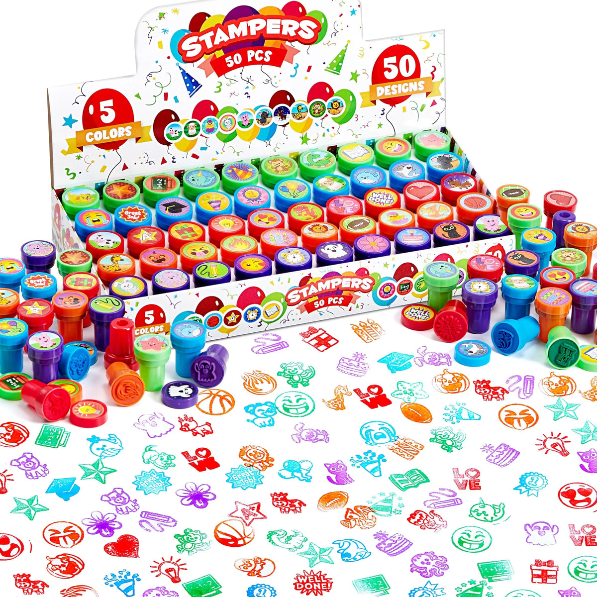 50-Pack Assorted Self-Ink Stamps for Kids with 50 Unique Designs