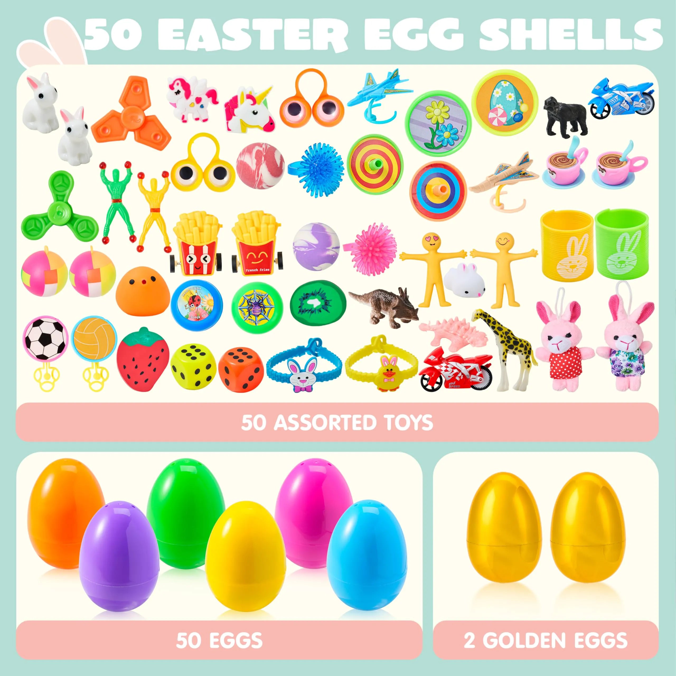 50 Prefilled Easter Eggs with Toys for Hunt, Basket Stuffers & Party Favors
