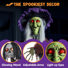 59-Inch Halloween Animated Hanging Talking Witch with Light-Up Skeleton Wand
