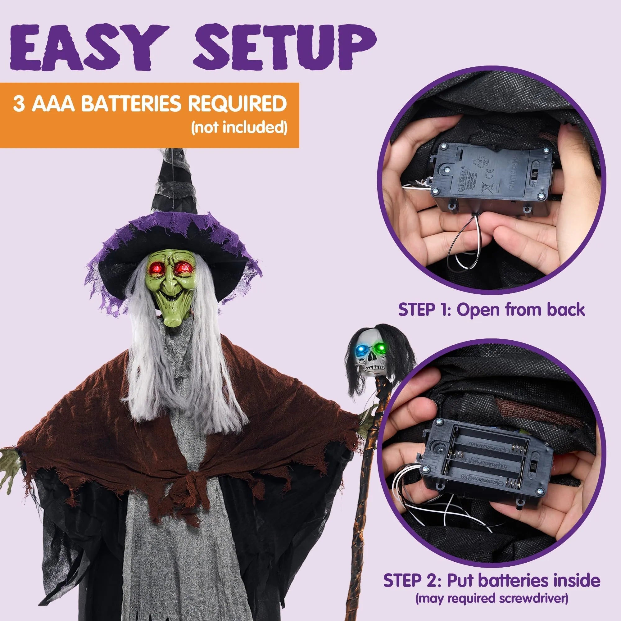 59-Inch Halloween Animated Hanging Talking Witch with Light-Up Skeleton Wand