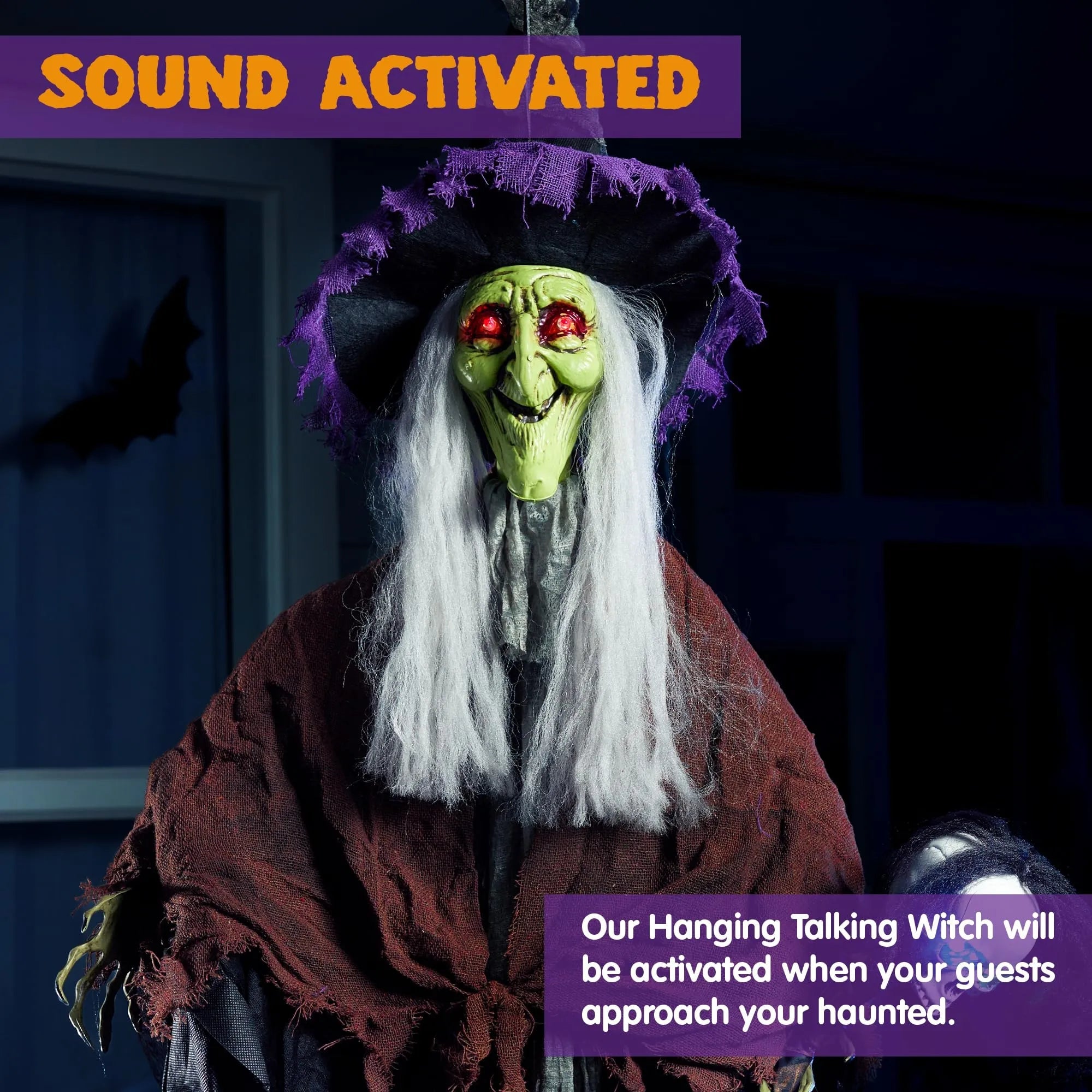 59-Inch Halloween Animated Hanging Talking Witch with Light-Up Skeleton Wand