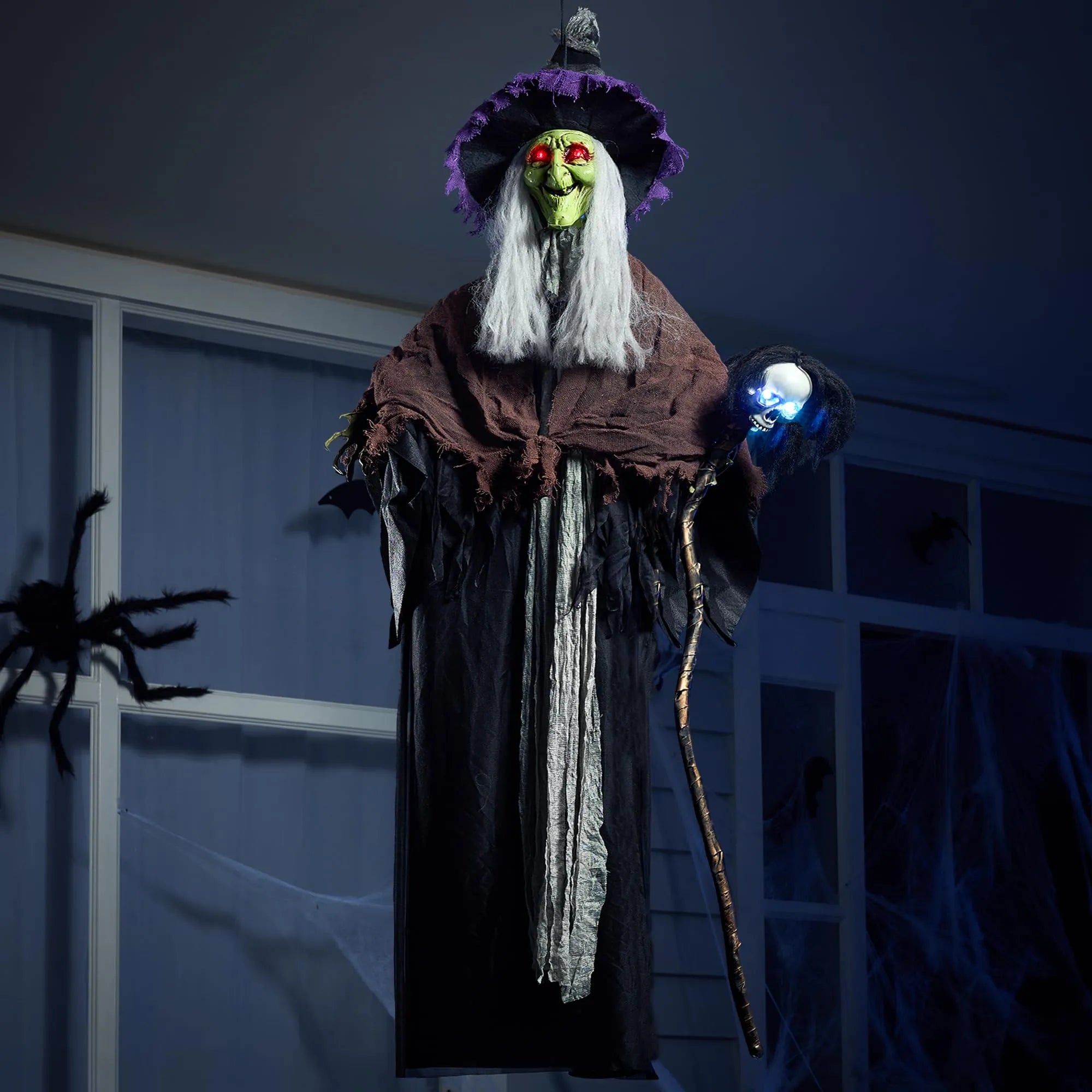 59-Inch Halloween Animated Hanging Talking Witch with Light-Up Skeleton Wand