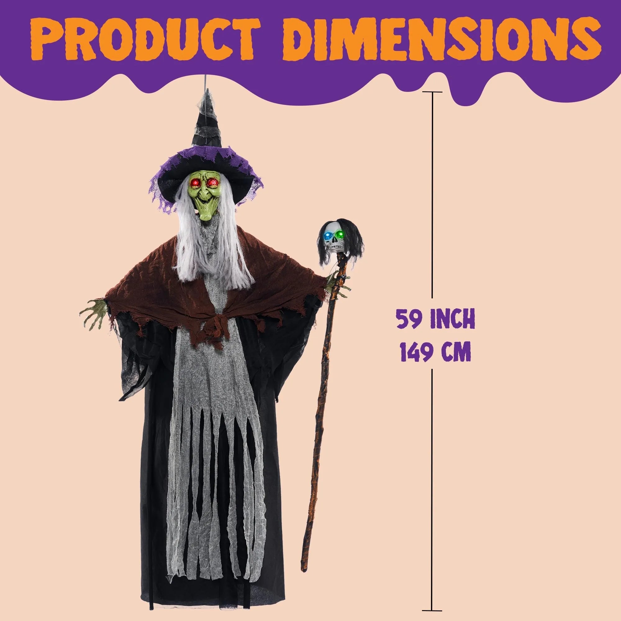 59-Inch Halloween Animated Hanging Talking Witch with Light-Up Skeleton Wand