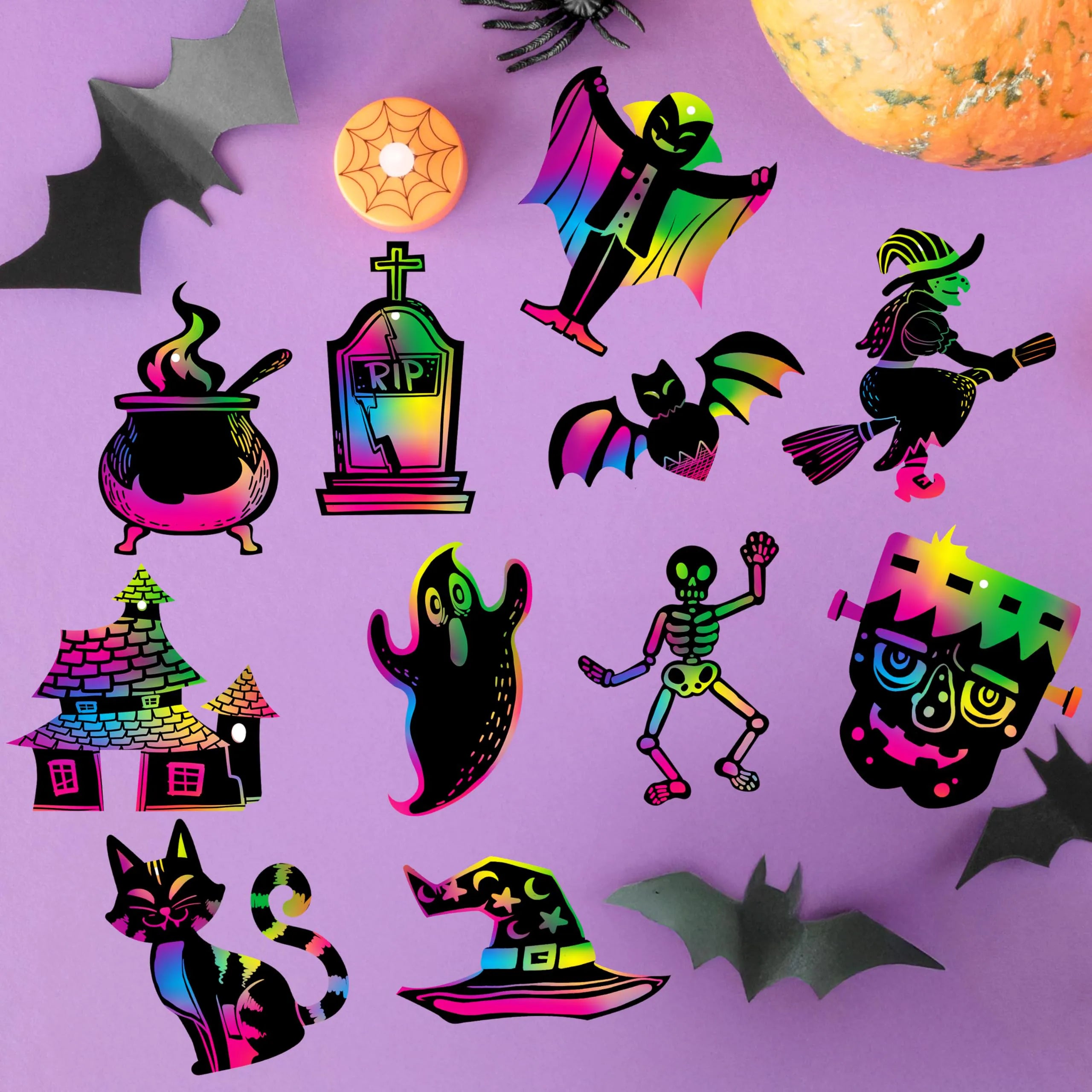 120 Pcs Halloween Rainbow Scratch Art Crafts for Kids