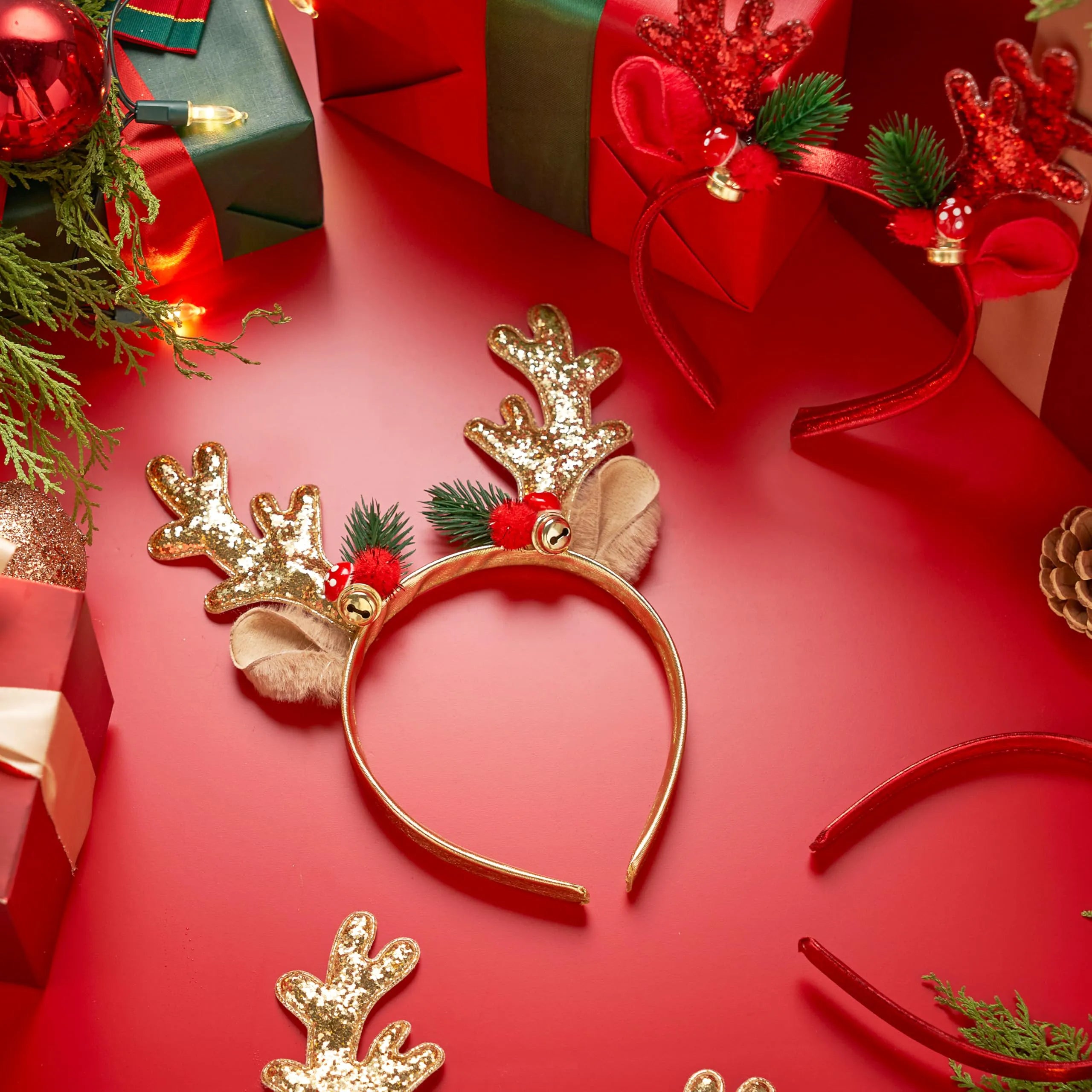 2 Pcs Golden & Red Reindeer Headbands with Glitter
