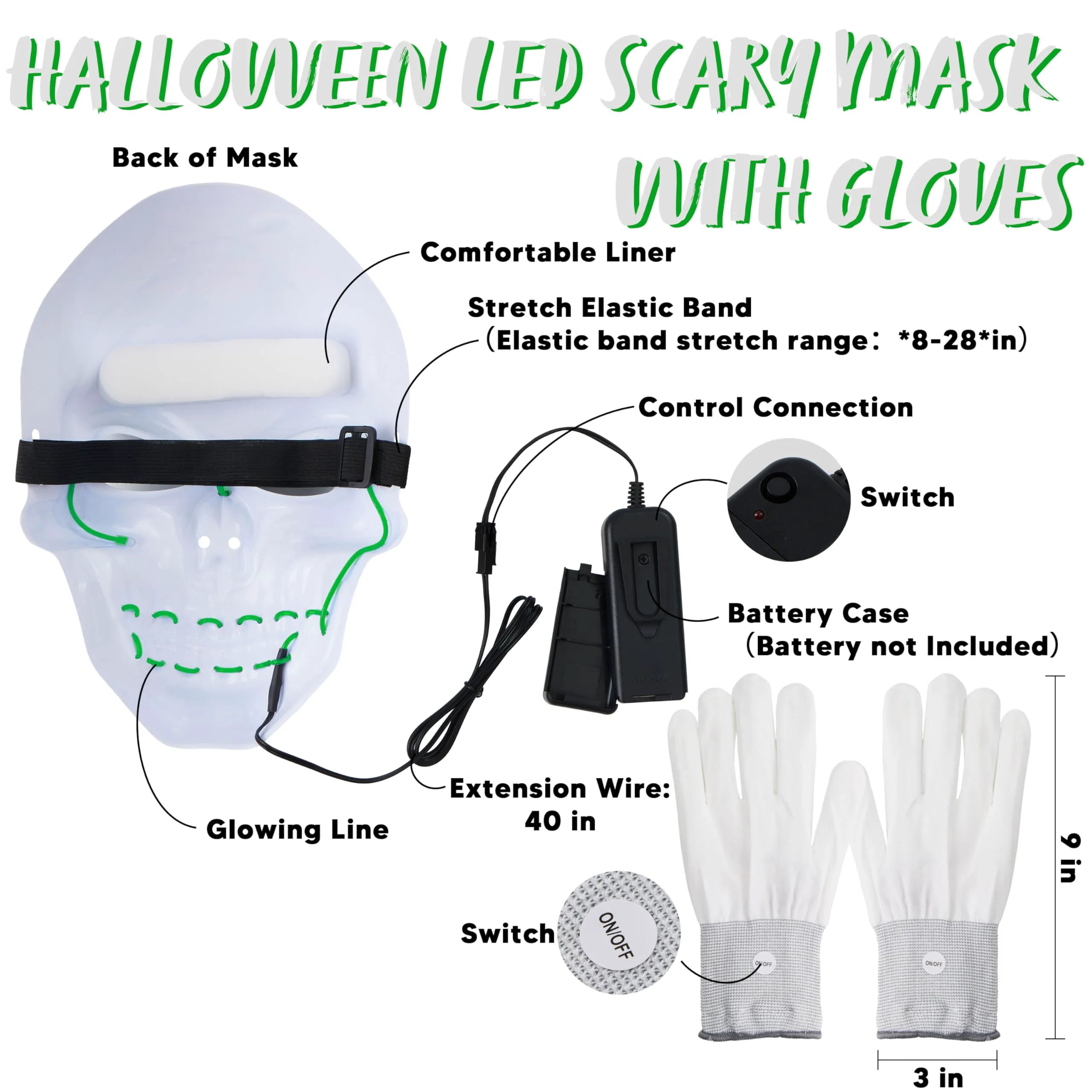 Green Halloween LED Skull Mask with Light-Up Gloves