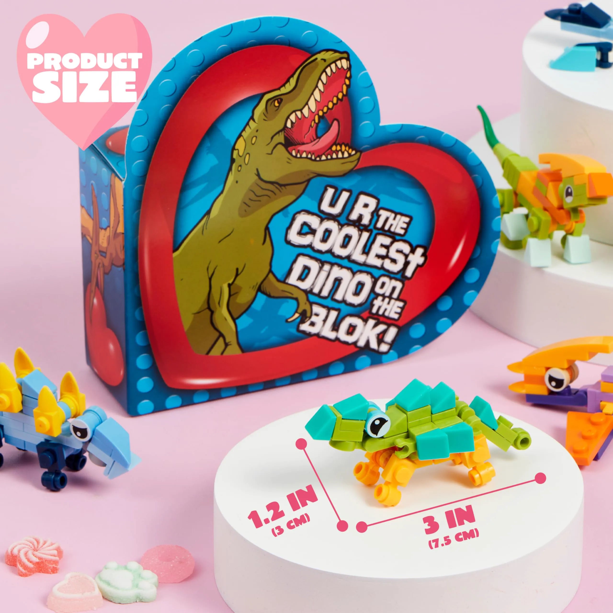 12 Packs Valentine's Dinosaur Building Blocks Toys with Heart Boxes for Party Favors