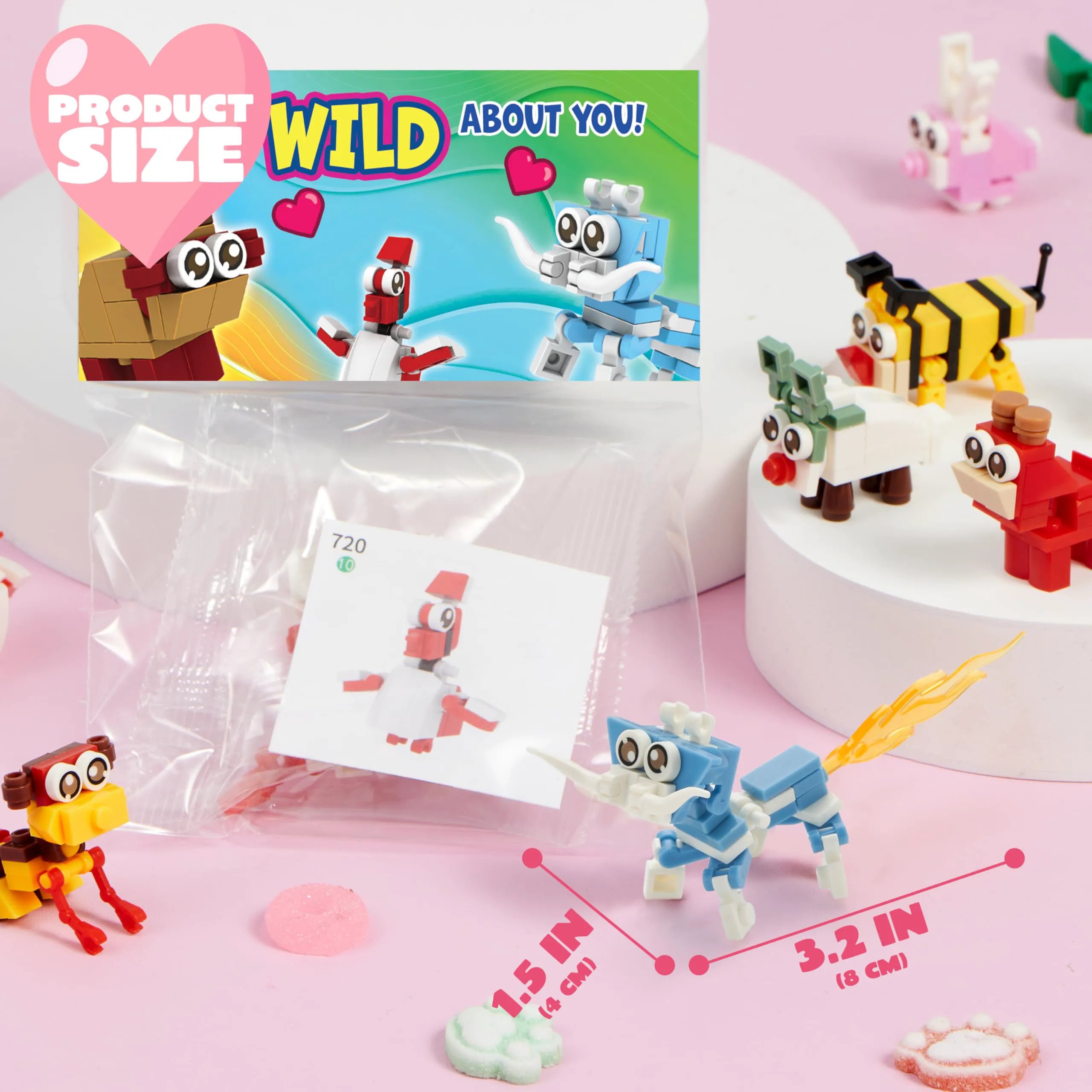 24 Pack Valentine's Day Cards with Animal Building Blocks - Party Favor Toys