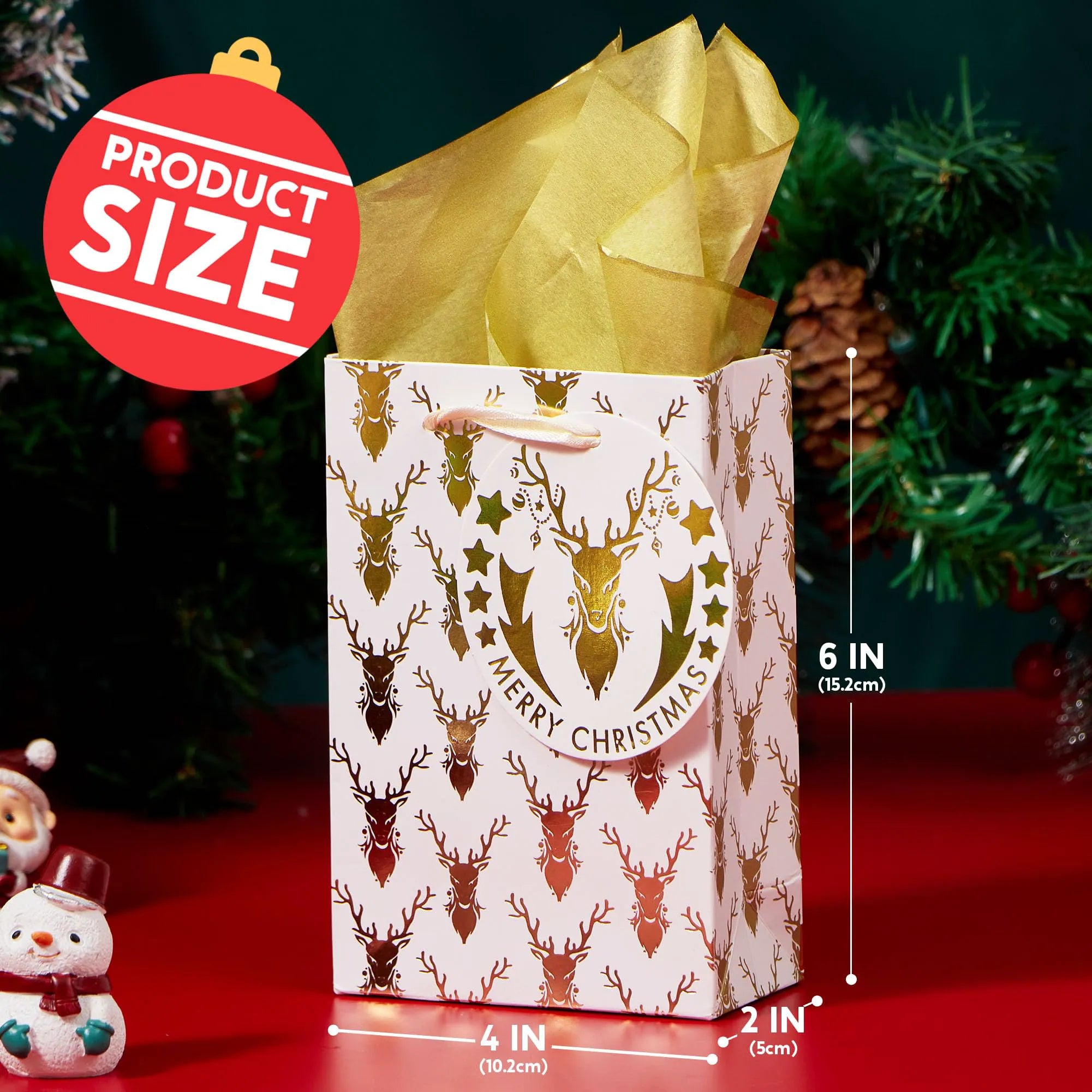 12 PCS Christmas Foil Gold Gift Bags with Tissue Paper and Name Card Tags