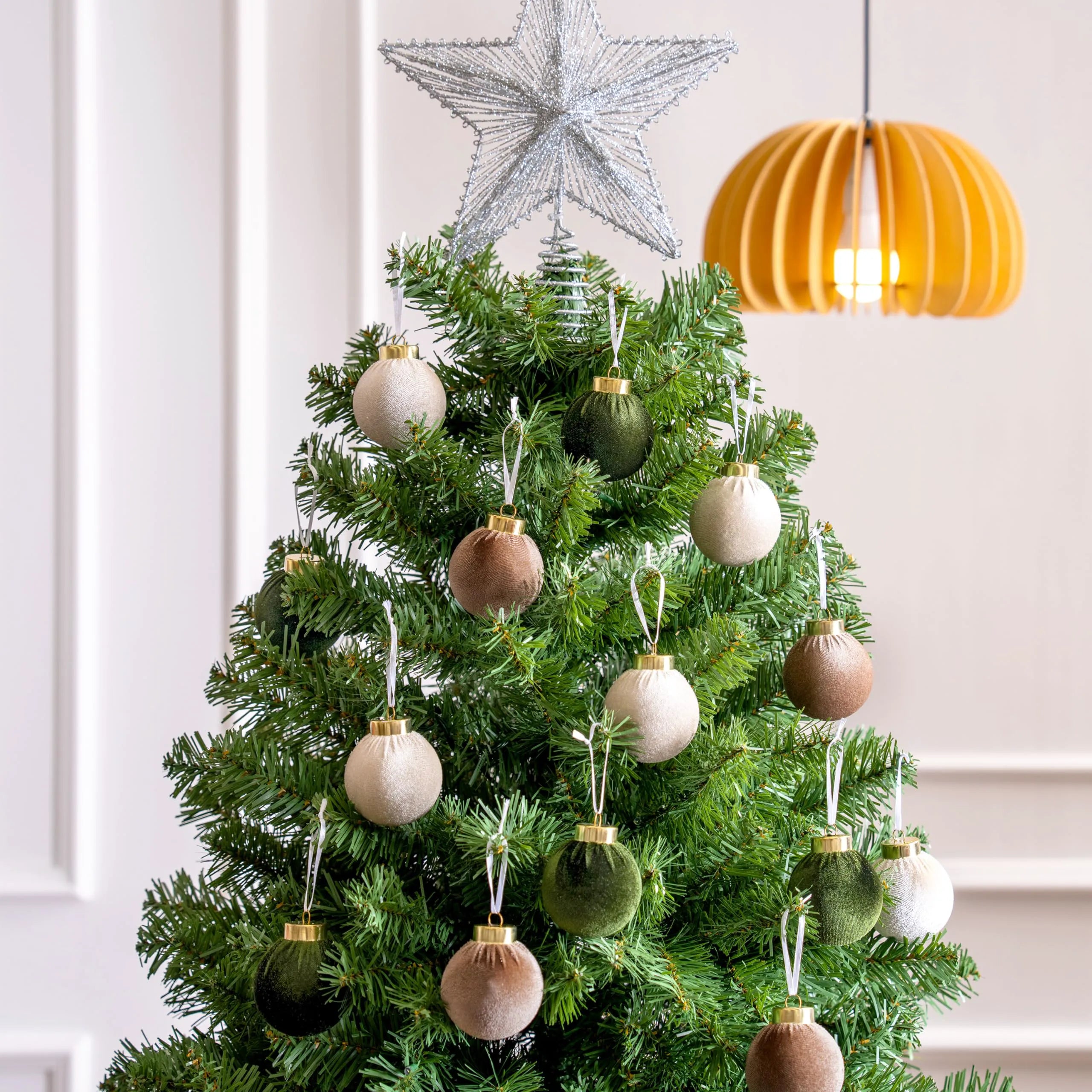 15 Pcs Christmas Velvet Ball Ornaments Set, 2.36" Green Brown Neutral