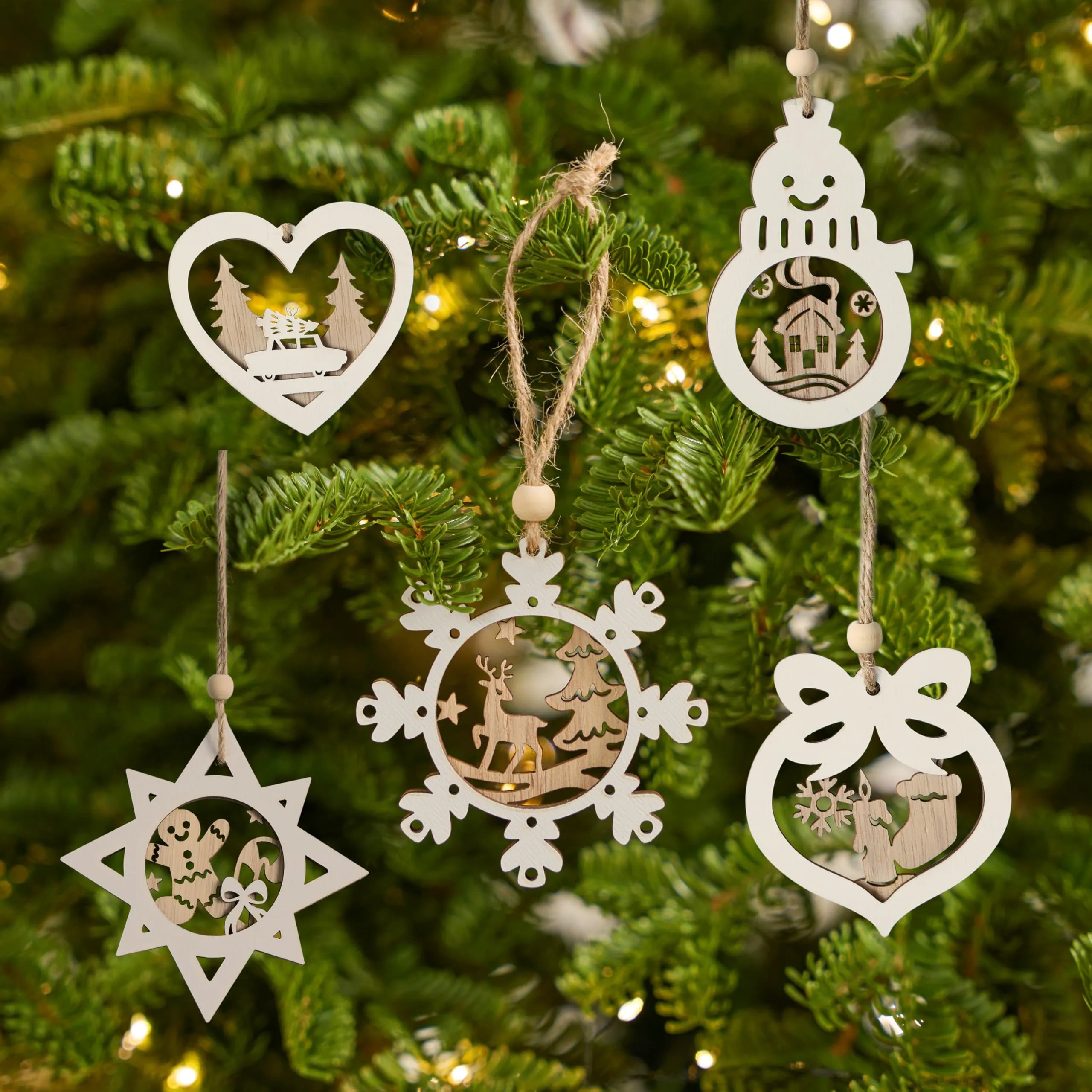 24 Pcs Christmas Wooden Carved Hanging Ornaments for Holiday Decor