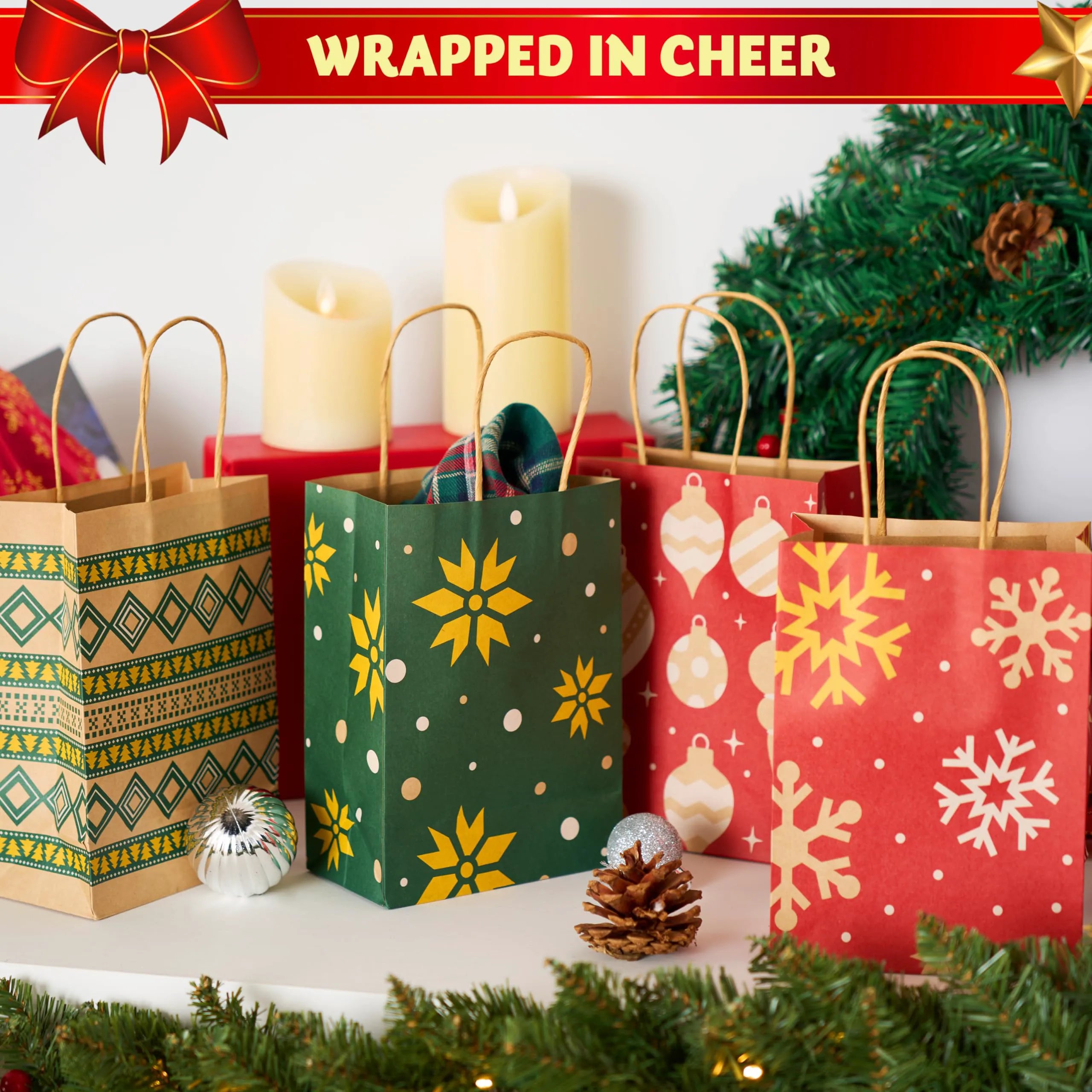 24 Pack Christmas Kraft Paper Gift Bags - Holiday Goody Bags