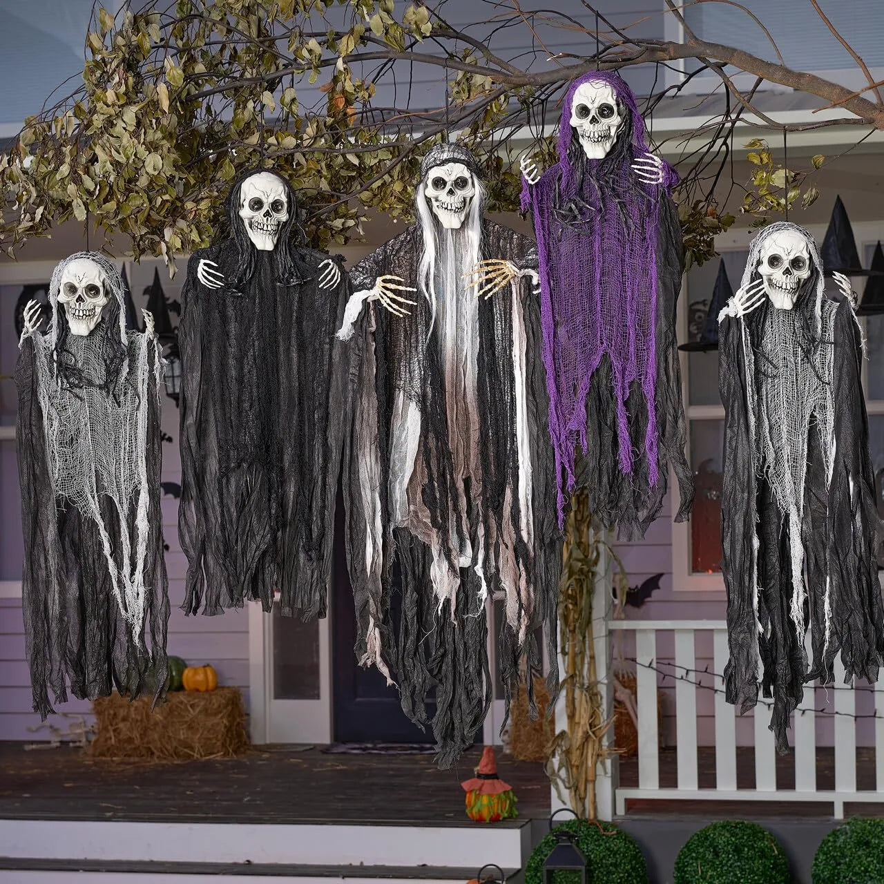 5 Halloween Hanging Grim Reapers - 1 Large (47in) & 4 Medium (35in) Skeleton Ghosts