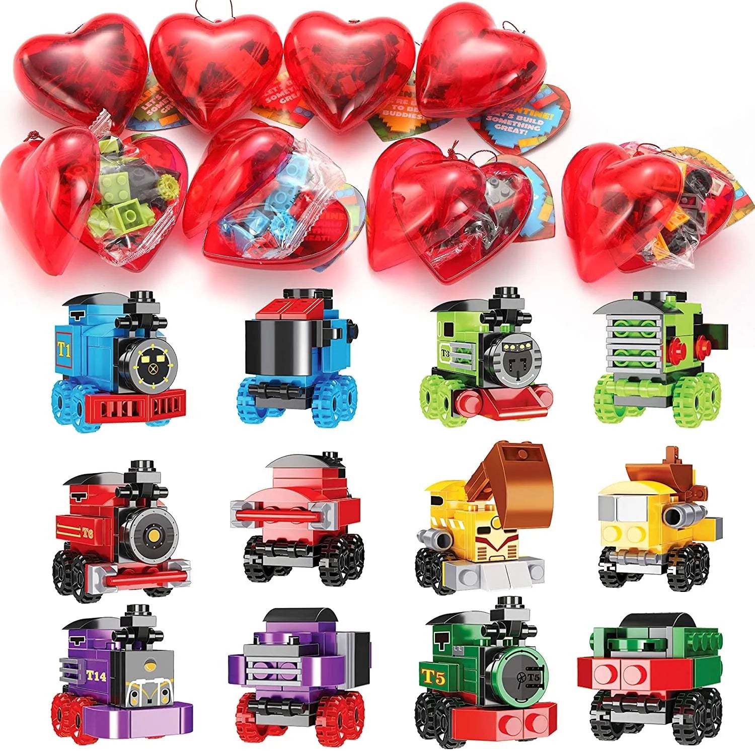 24 Prefilled Heart Building Blocks with Train & Valentine's Day Cards for Kids Classroom Exchange Gifts