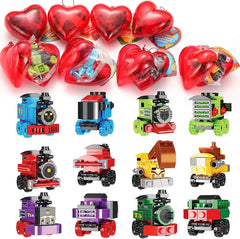 24 Prefilled Heart Building Blocks with Train & Valentine's Day Cards for Kids Classroom Exchange Gifts